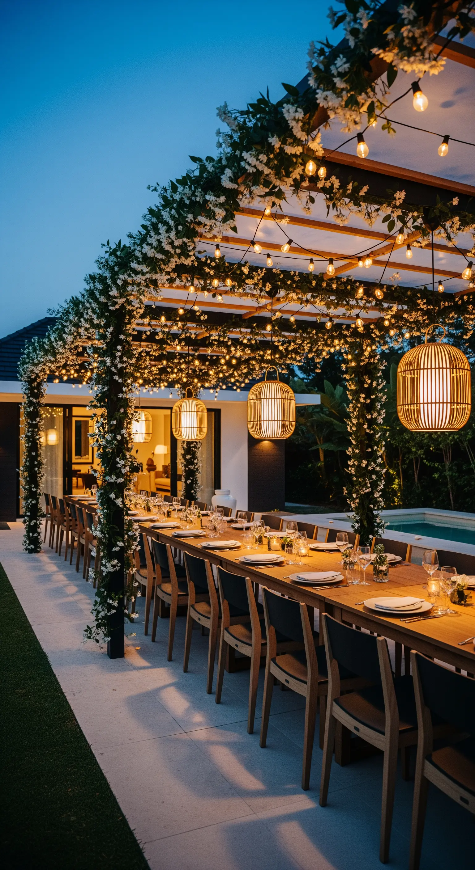 Pergola mit Kletterblumen, Lichterketten und großen Bambuslampen über Esstisch