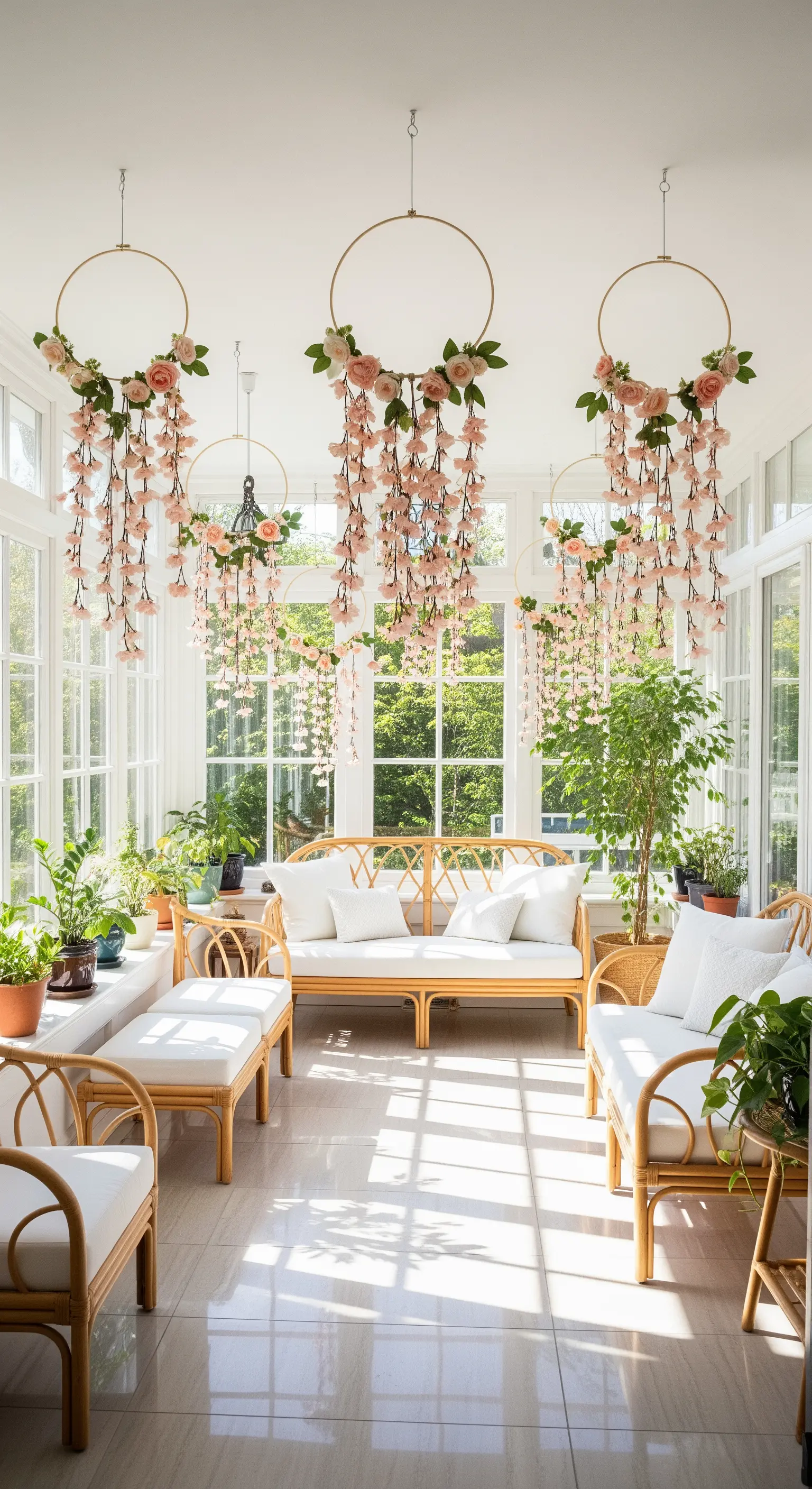 Schwebende Blütenkränze in einem hellen Wintergarten mit Korbmöbeln