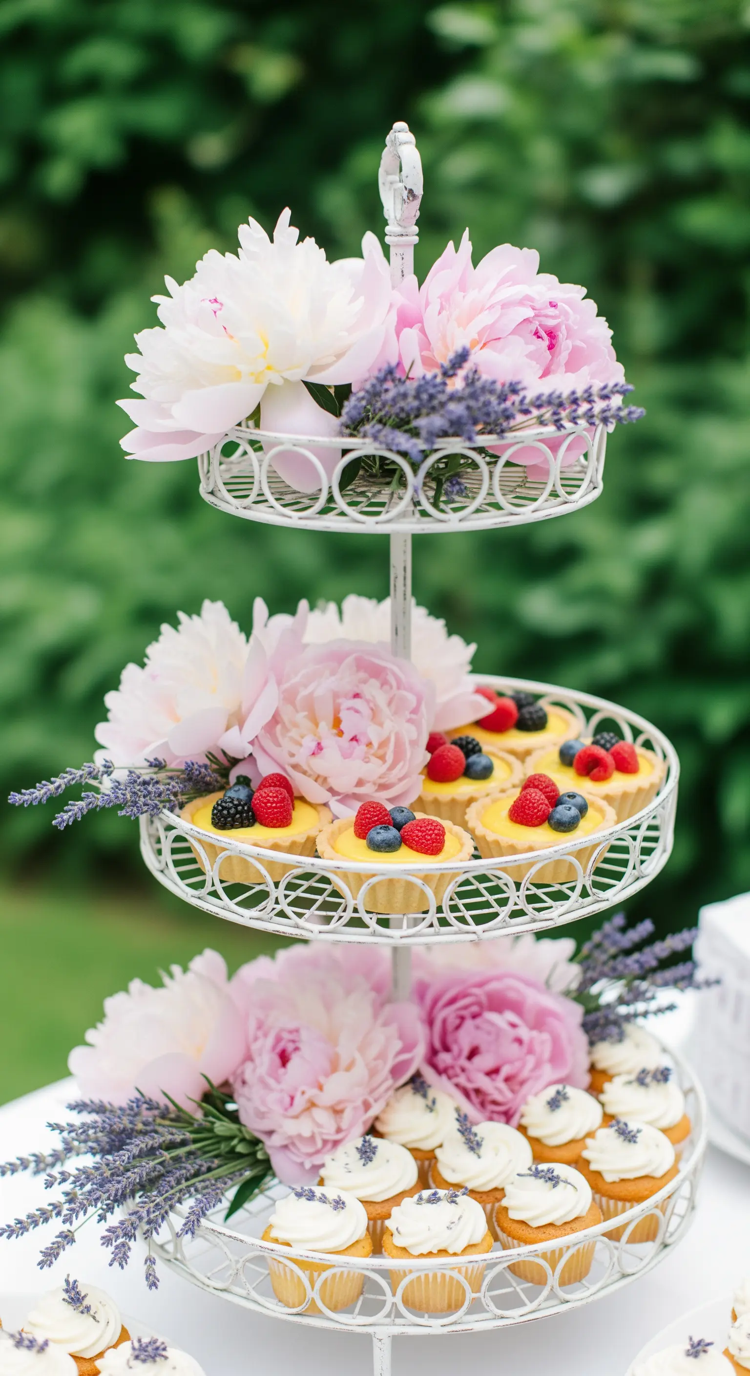 Weiße Draht-Etagere, üppig dekoriert mit rosa Pfingstrosen, Lavendel und kleinen Törtchen.