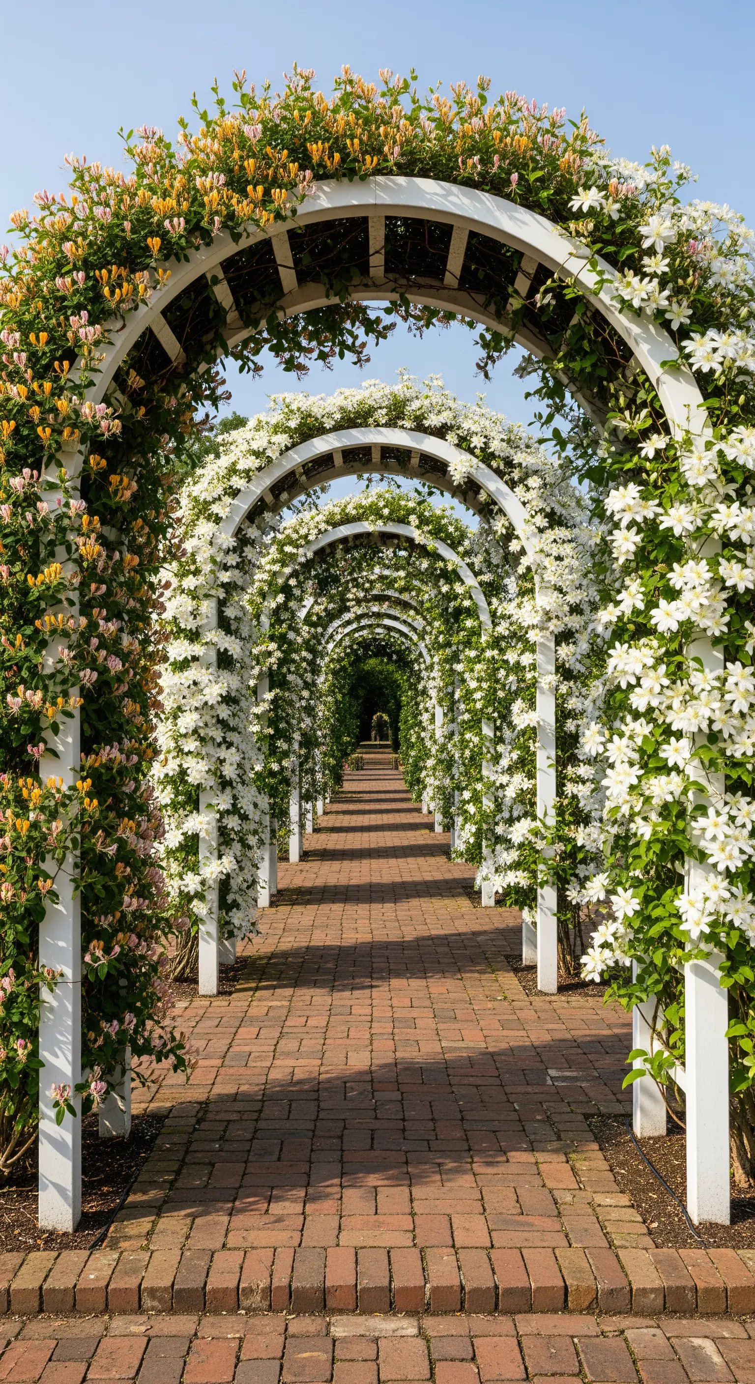 Weißer Blütenbogen, Clematis-Tunnel, eleganter Gartenweg