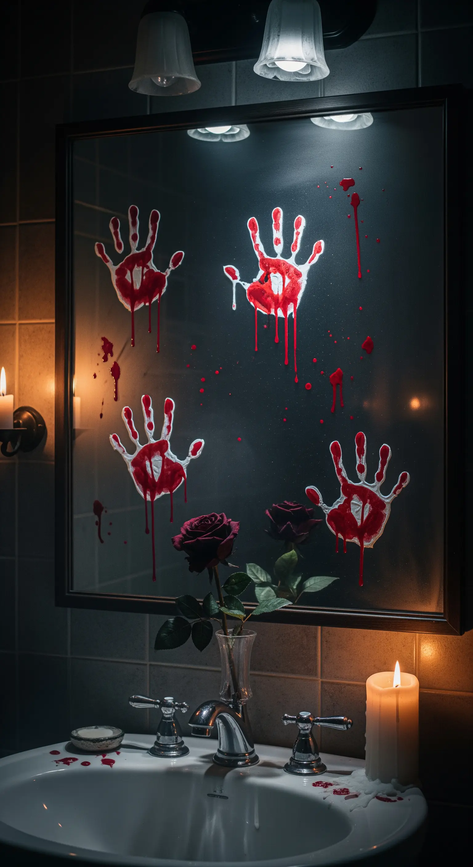 Blutige Handabdrücke am Badezimmerspiegel mit Kerzen und Rose.