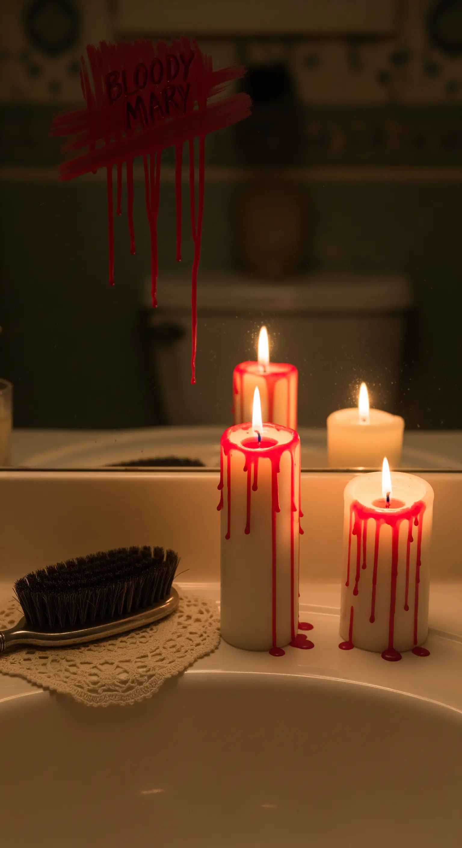 Waschtisch mit blutigen Tropfkerzen und 'Bloody Mary'-Botschaft auf dem Spiegel
