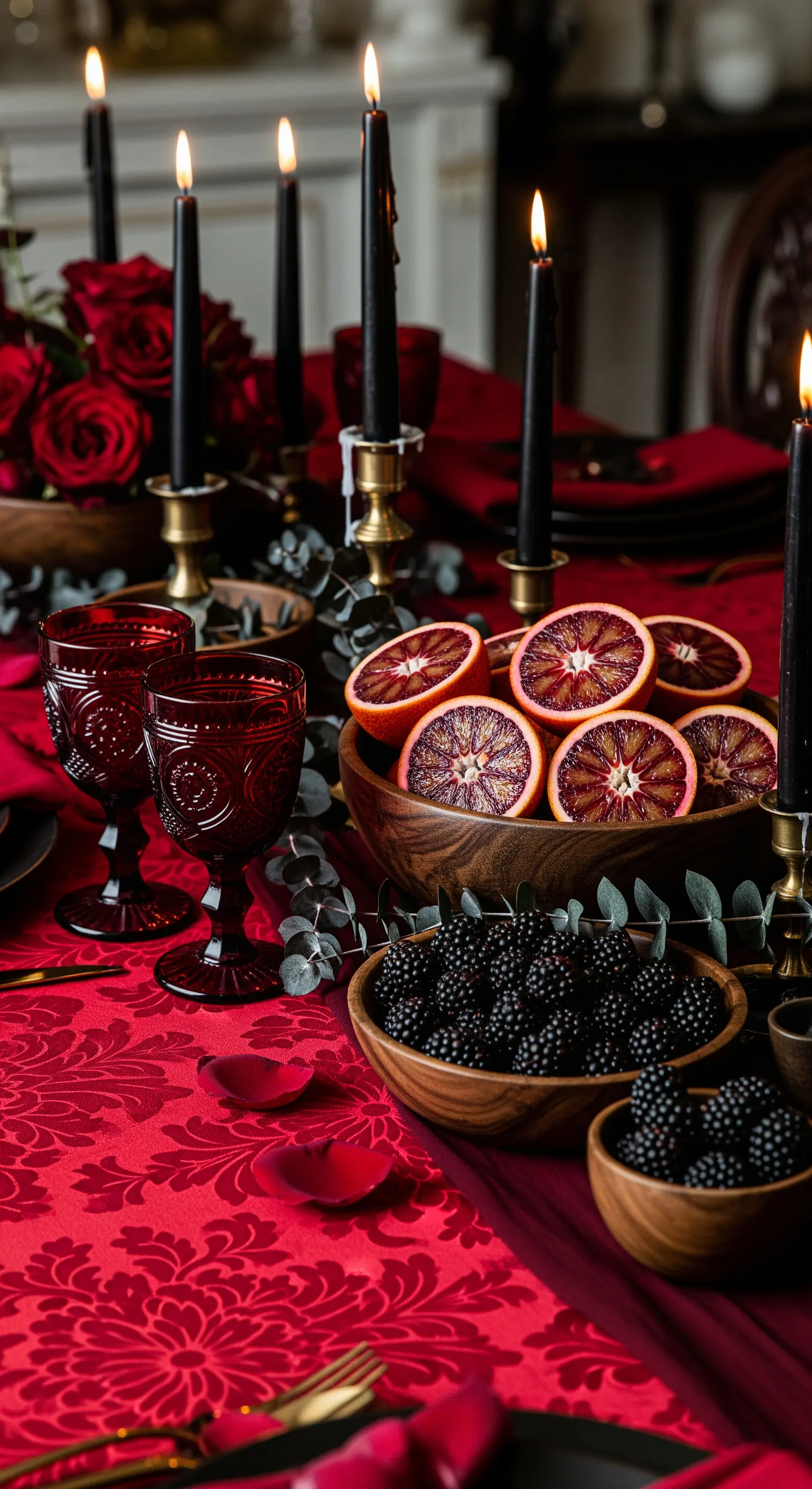 Sinnliche Halloween Tischdeko in Blutrot mit dunklen Beeren und Blutorangen