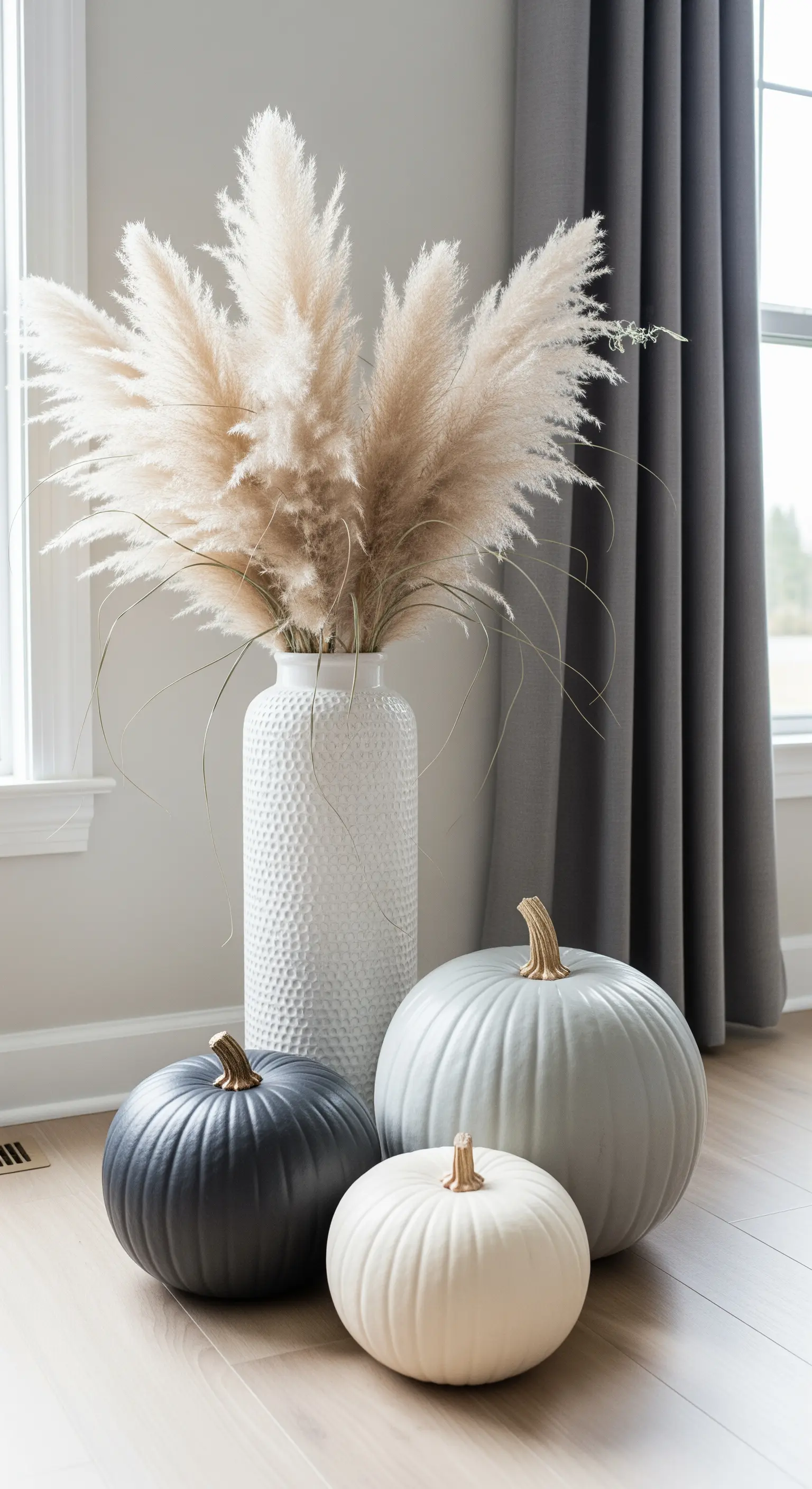 Bodendekoration mit großen Kürbissen und einer Vase mit Pampasgras