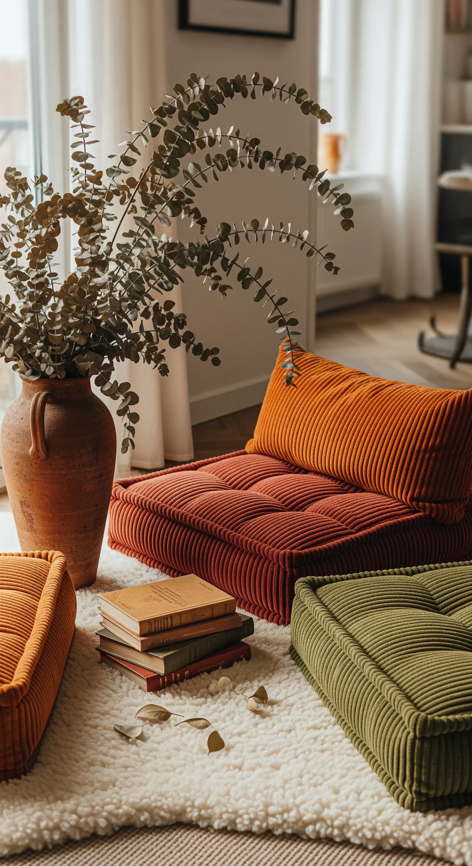 Bodenkissen in Herbstfarben, Eukalyptus in Terrakotta-Vase, Bücher auf Flausch-Teppich.