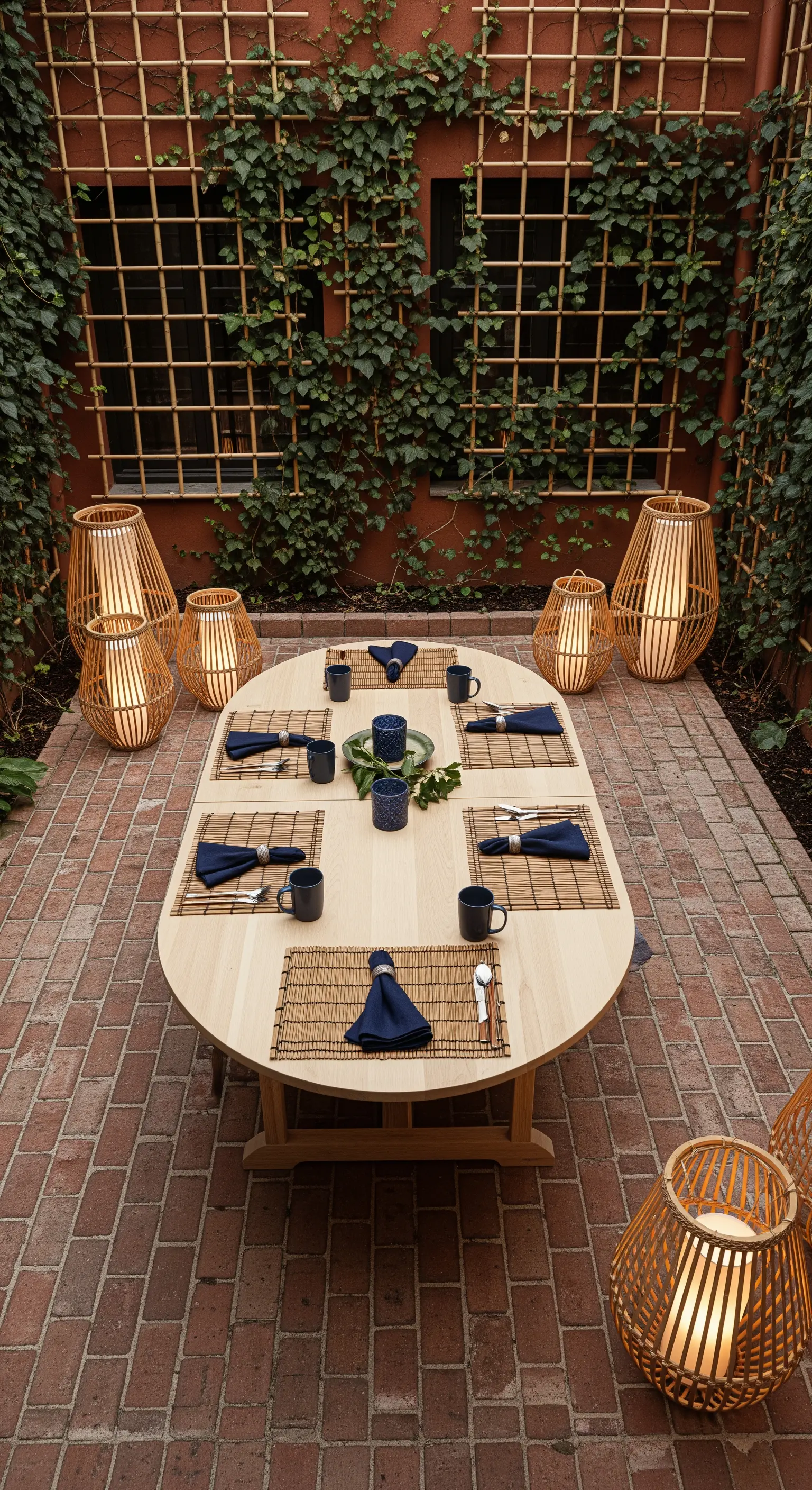 Gepflasterter Innenhof mit ovalem Tisch, Bambus-Laternen und Kletterpflanzen