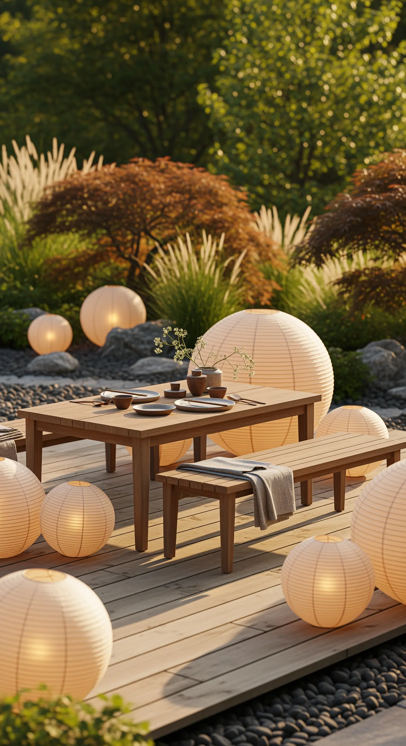 Japandi Holzdeck, große Laternen, Bodenlaternen, Gräser