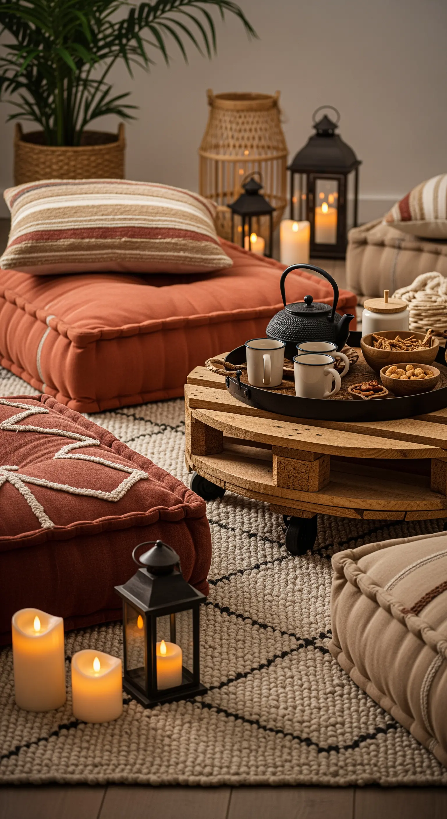 Bodenkissen in Rostrot und Laternen um einen Couchtisch aus Paletten.