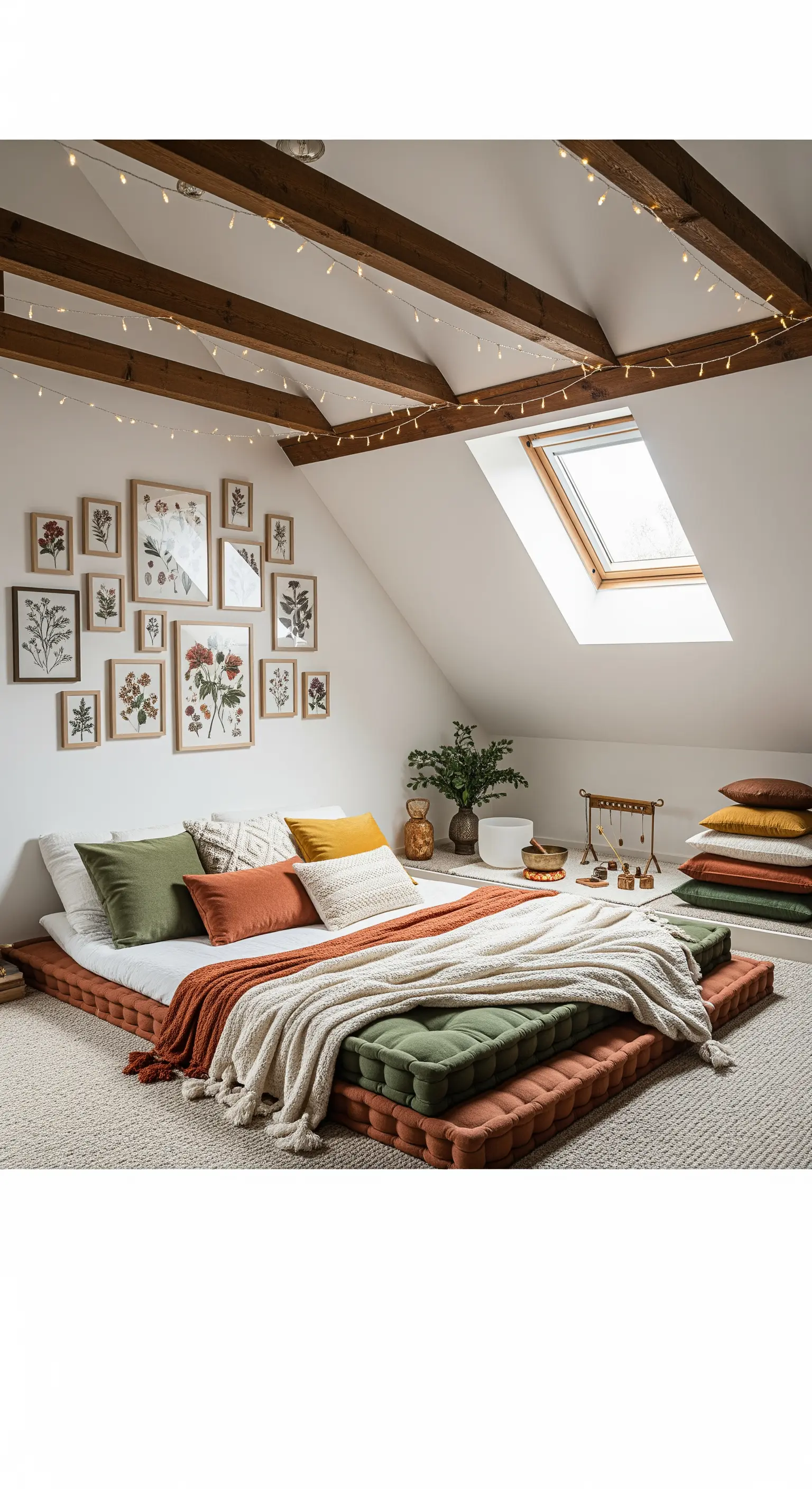Gemütliches Dachgeschoss-Schlafzimmer mit Bodenbett, botanischer Galeriewand und Lichterketten