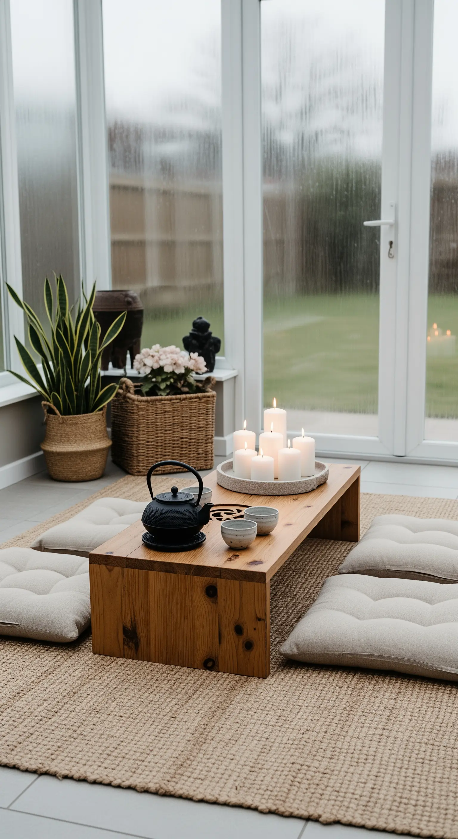 Bodentiefe Sitzecke im Japandi-Stil mit niedrigem Holztisch und Kerzen.