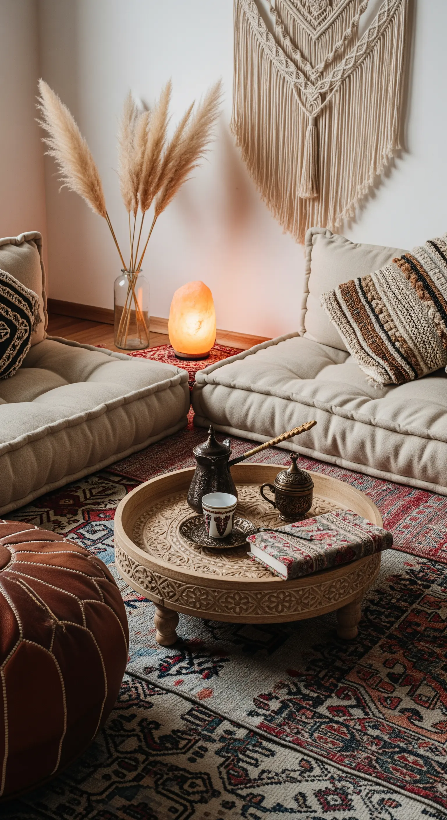 Meditative Sitzecke am Boden mit Makramee-Wandbehang, Salzkristalllampe und orientalischem Teppich.