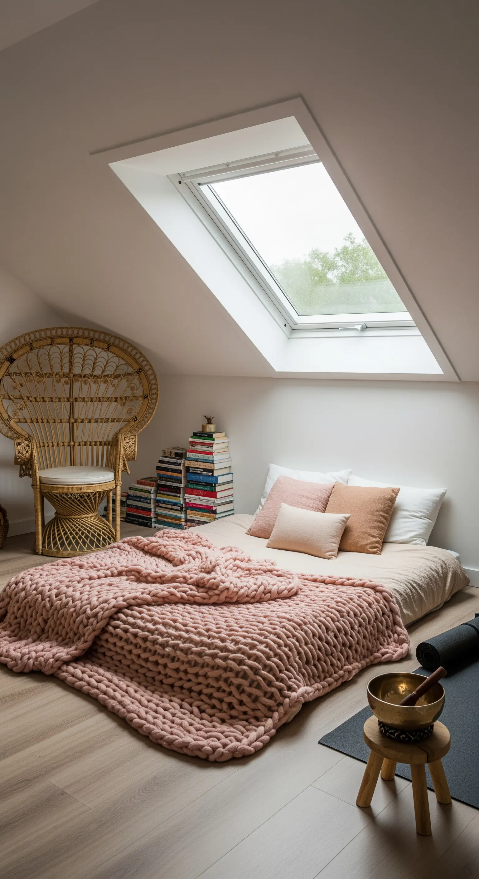 Dachgeschoss-Schlafzimmer mit Futonbett, grob gestrickter Decke und Peacock Chair.