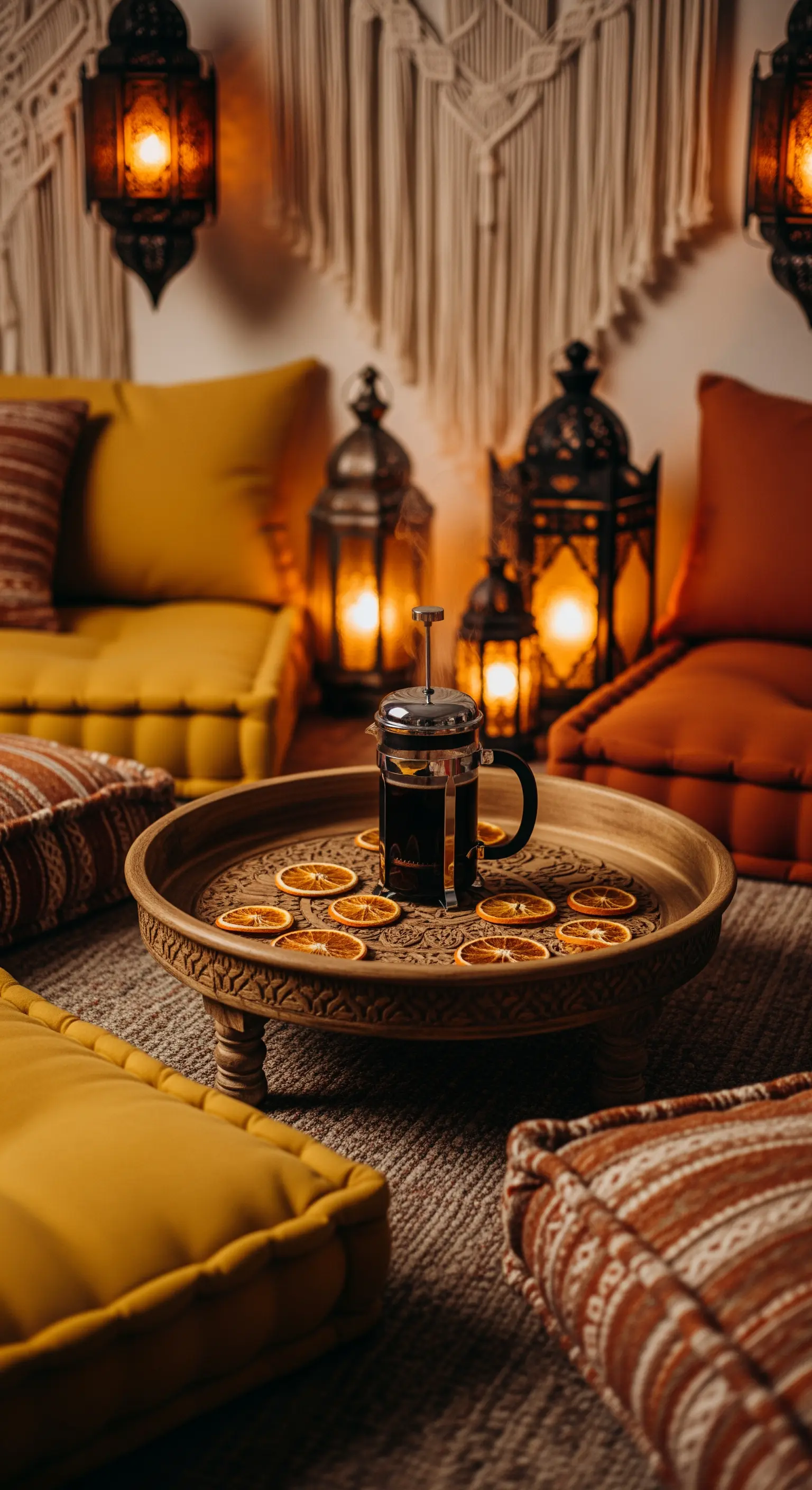 Bodenkissen, Laternen, niedriger Holztisch mit Orangenscheiben und Kaffeepresse