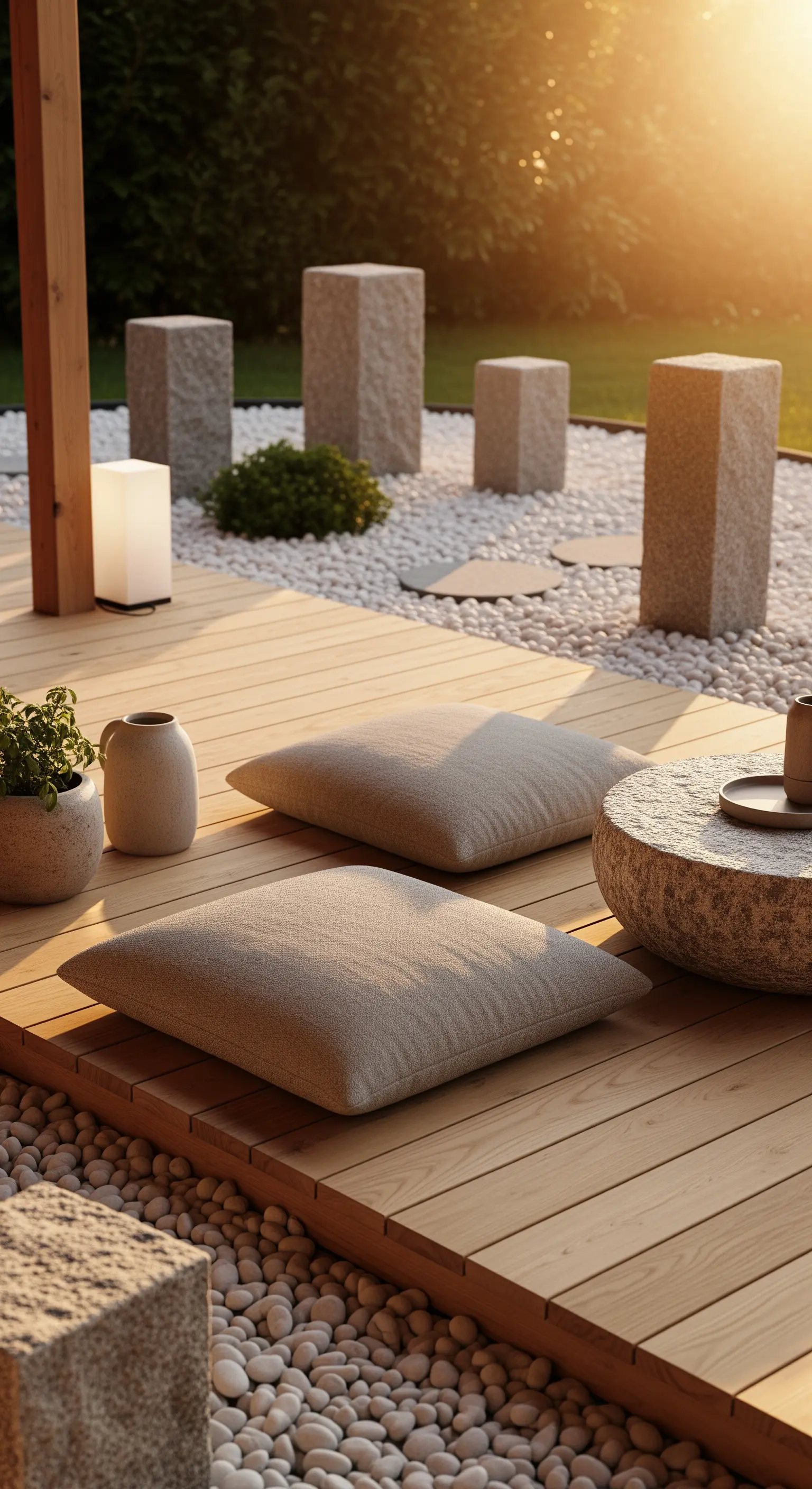 Japandi Outdoor-Lounge auf Holzdeck mit Kissen und Steintisch