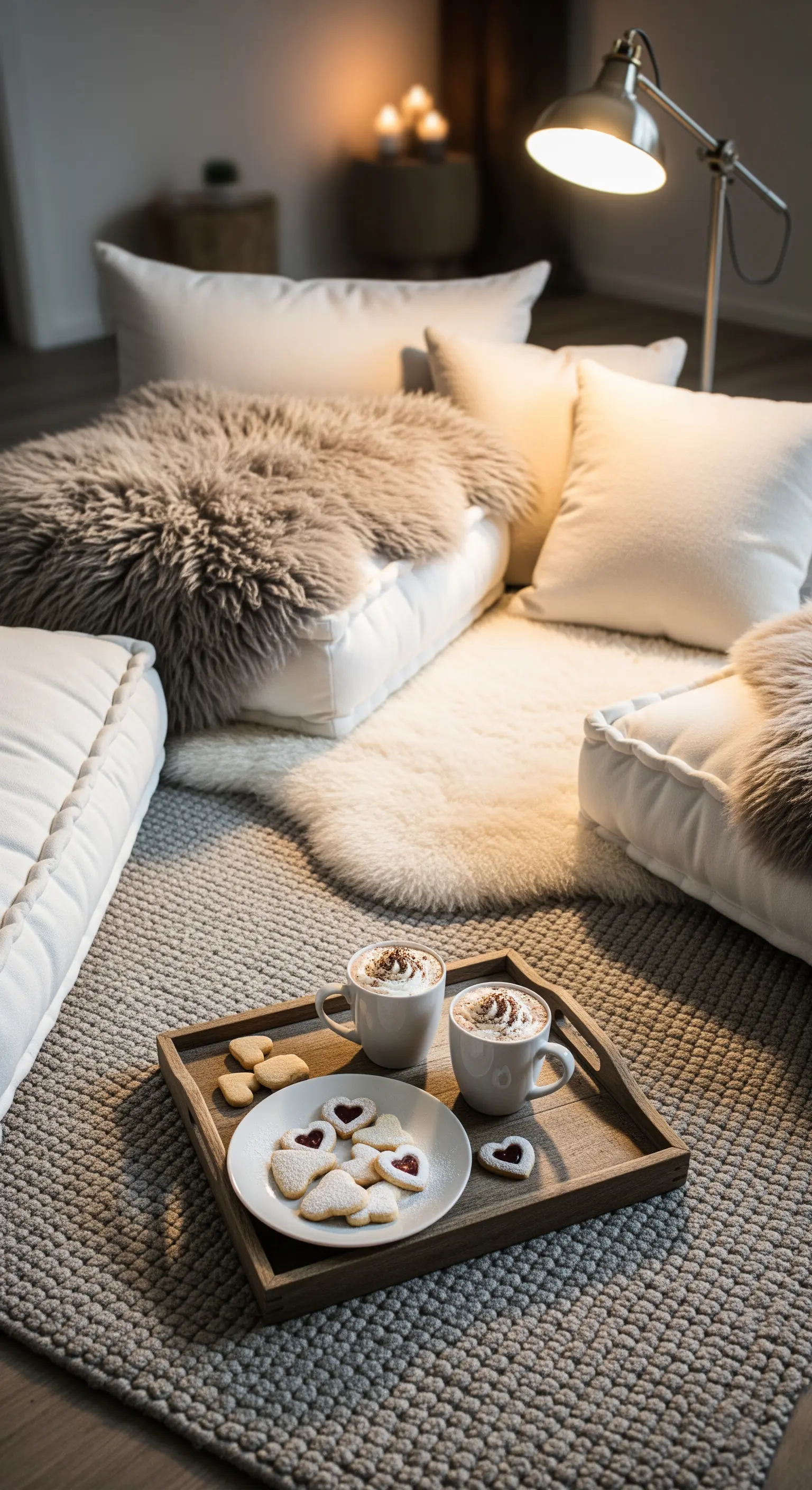 Bodennähe-Lounge mit weißen Kissen, Schaffellen und Holztablett mit Kakao und Herz-Keksen.
