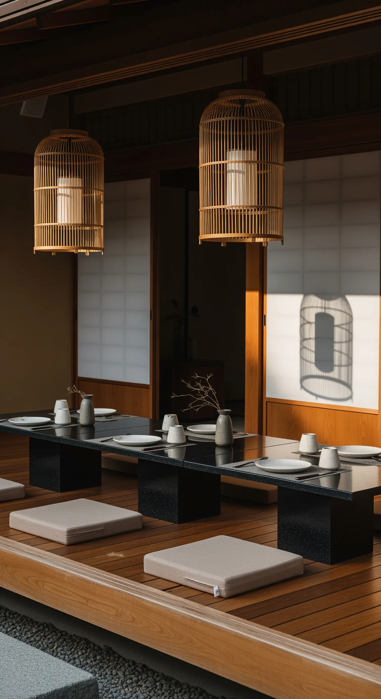 Bodennaher Essbereich mit niedrigen Tischen, Kissen und Bambus-Käfigleuchten
