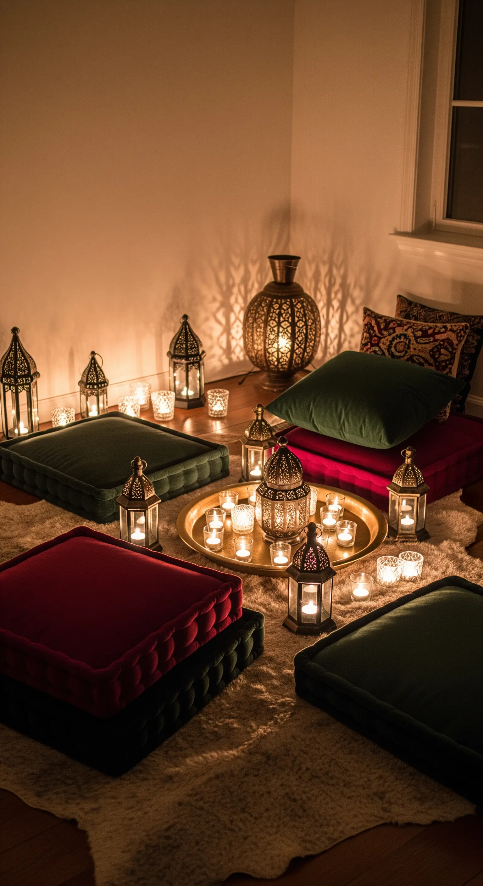 Bodenkissen aus Samt und marokkanische Laternen auf dem Boden