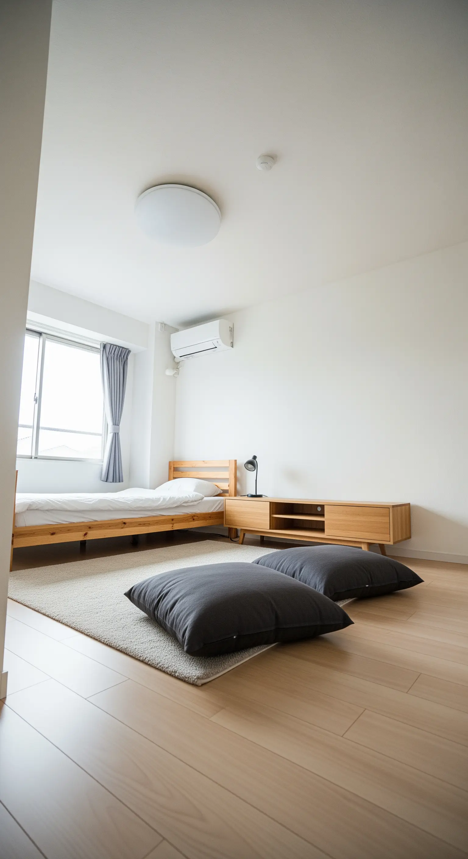 Minimalistisches Zimmer mit niedrigem Holzbett, flachem Sideboard und dunklen Bodenkissen.