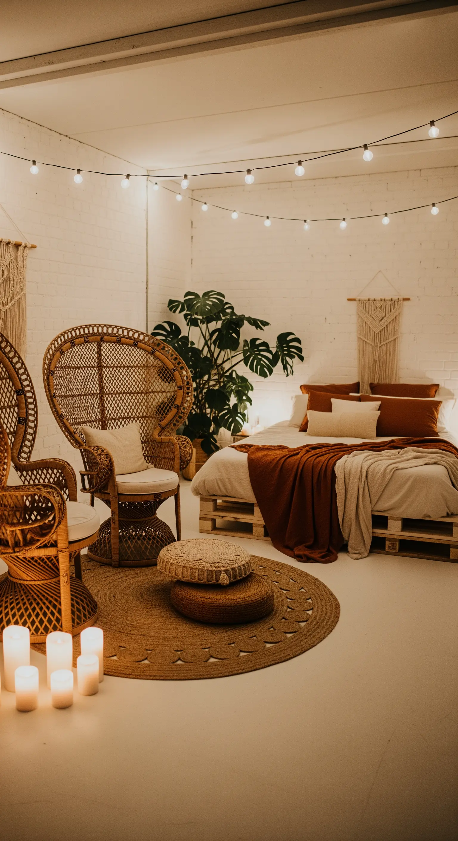 Boho Schlafzimmer mit Palettenbett, Lichterketten an der Decke und großem Pfauensessel aus Rattan