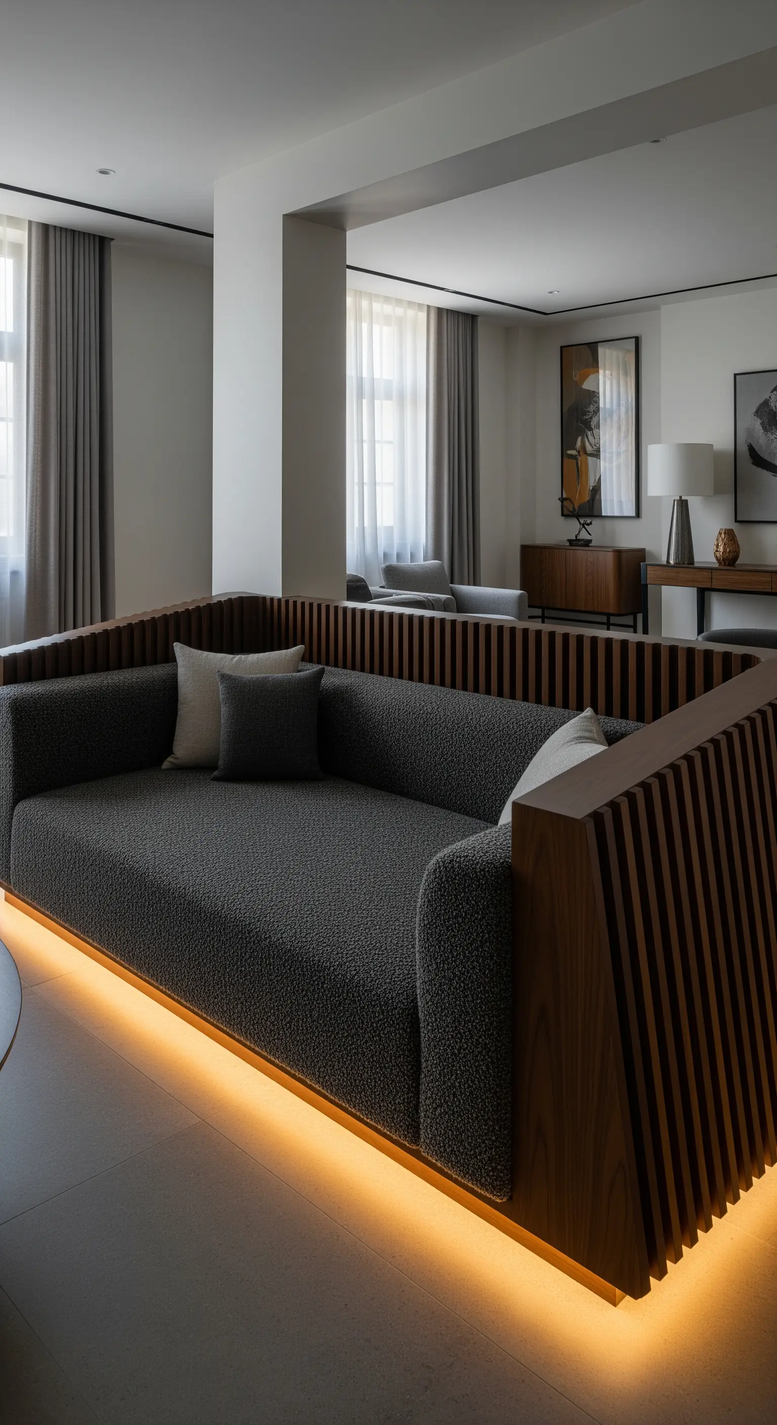 Großes Sofa mit Holzlamellen-Sockel und warmer, indirekter Bodenbeleuchtung.