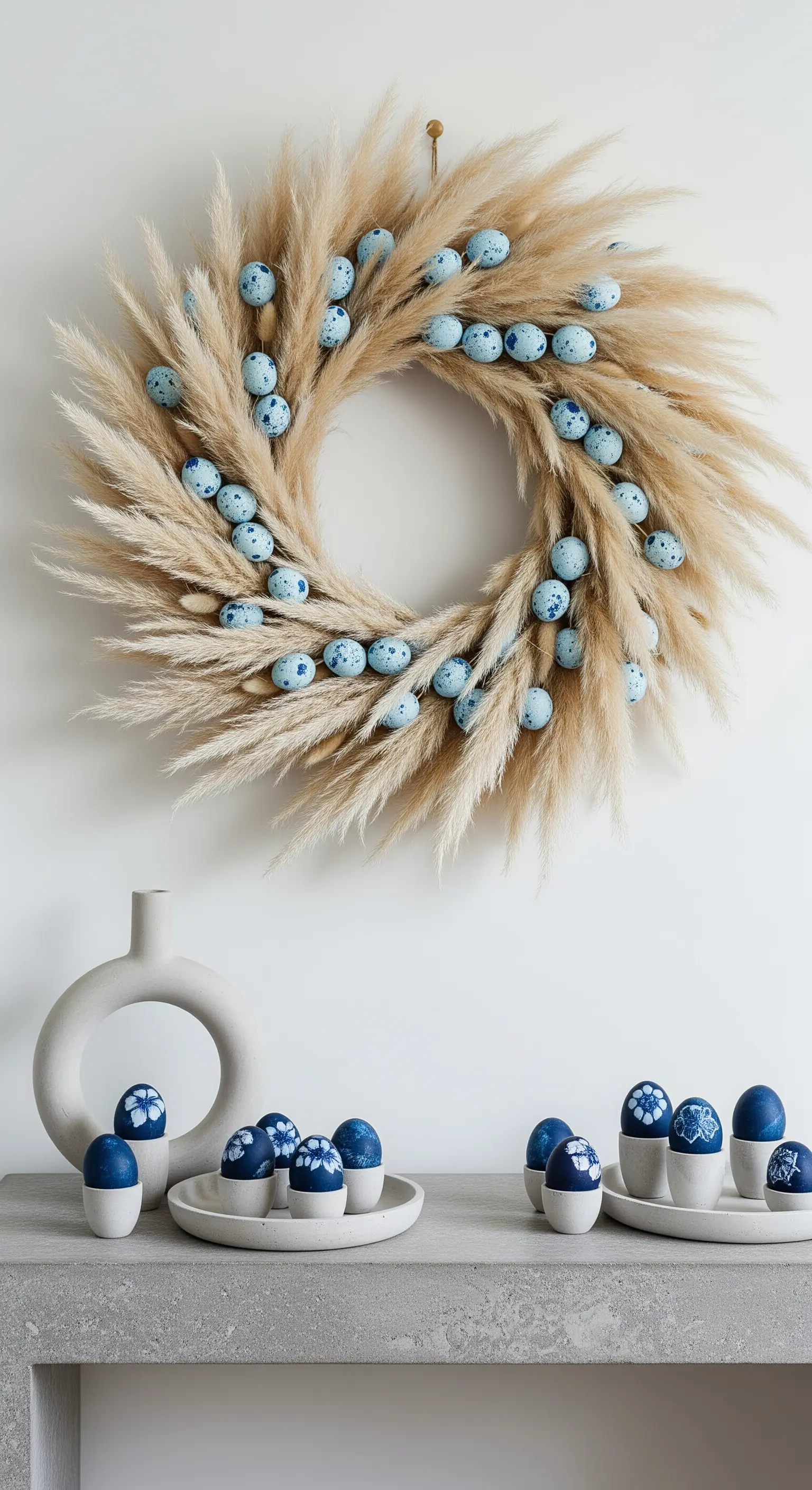 Pampasgras-Kranz mit blauen Ostereiern und passender Deko auf Kaminsims