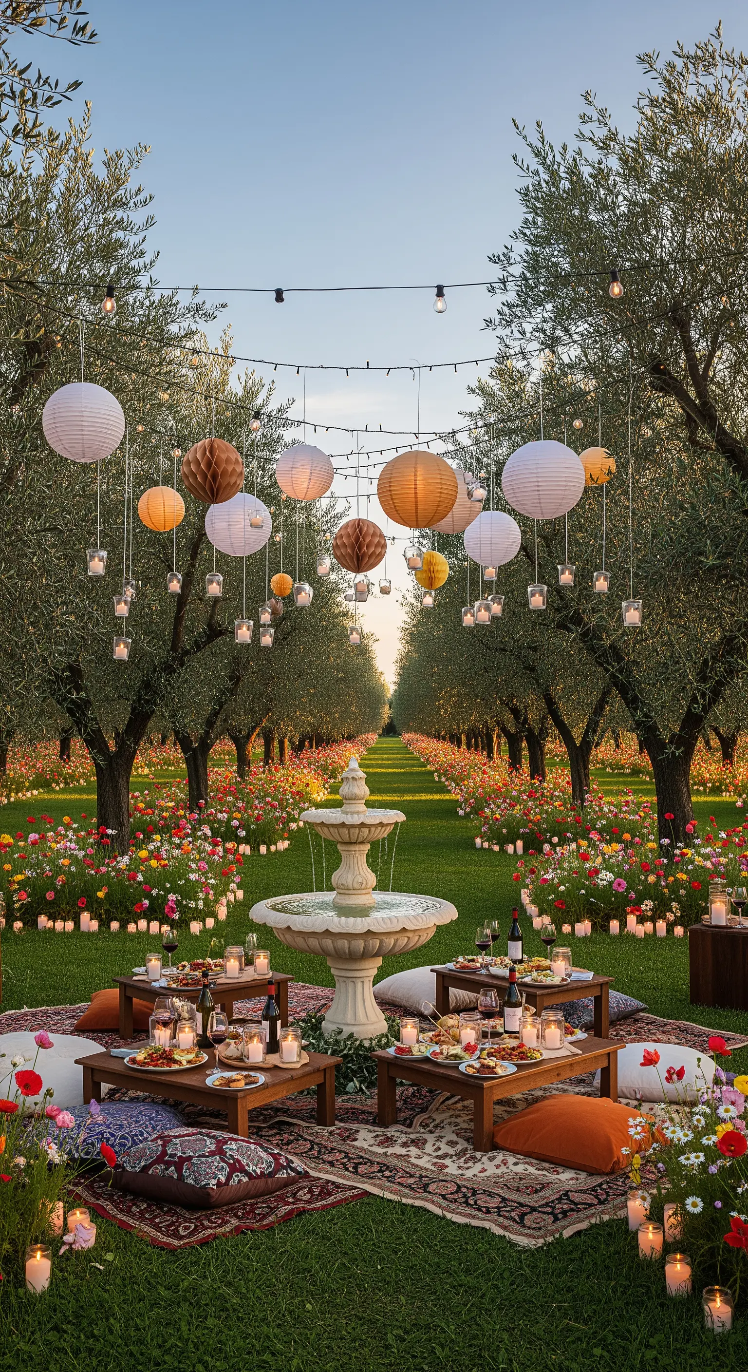 Picknick im Olivenhain mit Lichterketten, Laternen, niedrigen Tischen, Kissen und einem Brunnen