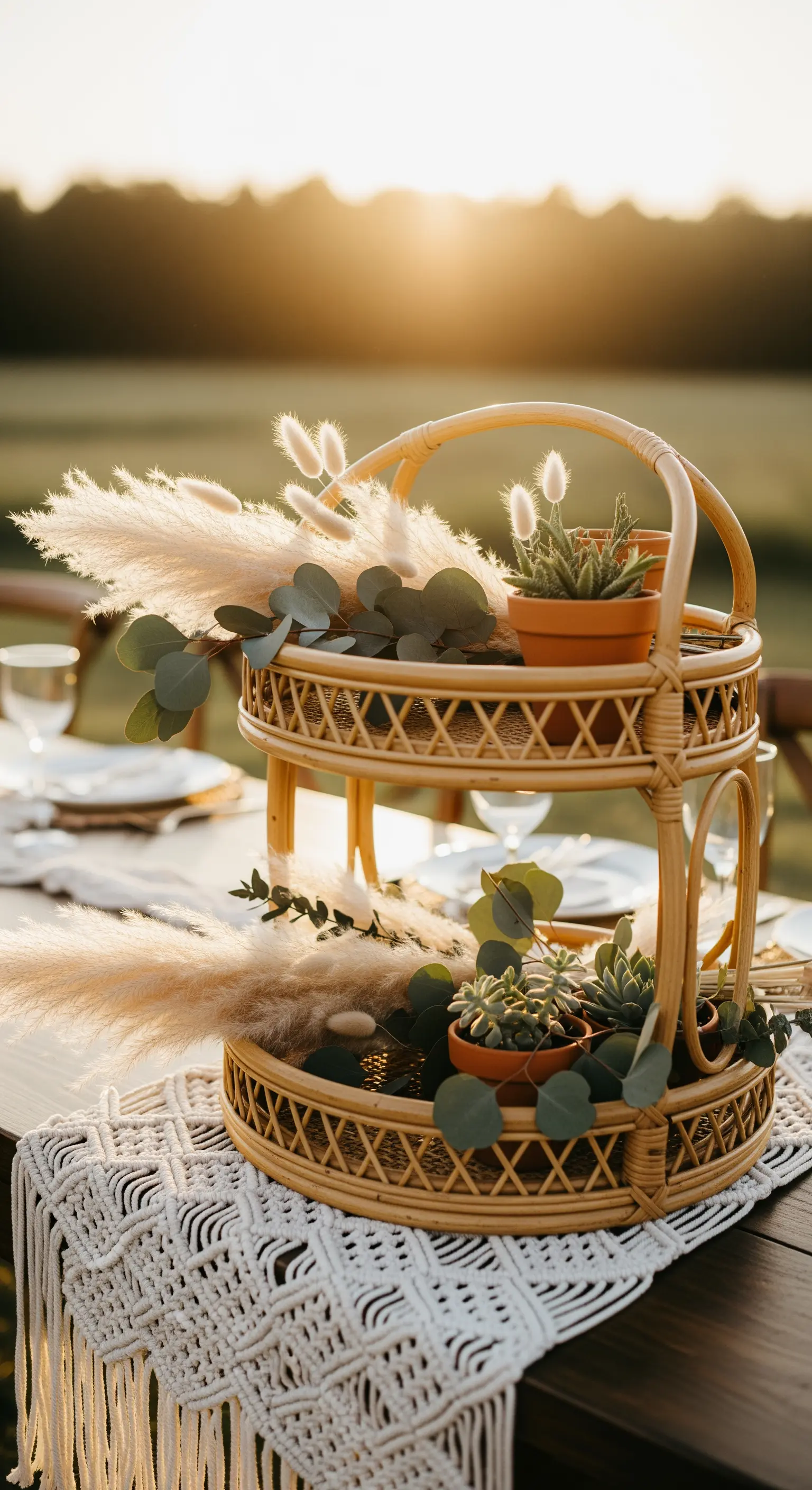Boho-Etagere aus Rattan mit Pampasgras, Eukalyptus und Sukkulenten im Sonnenuntergang.