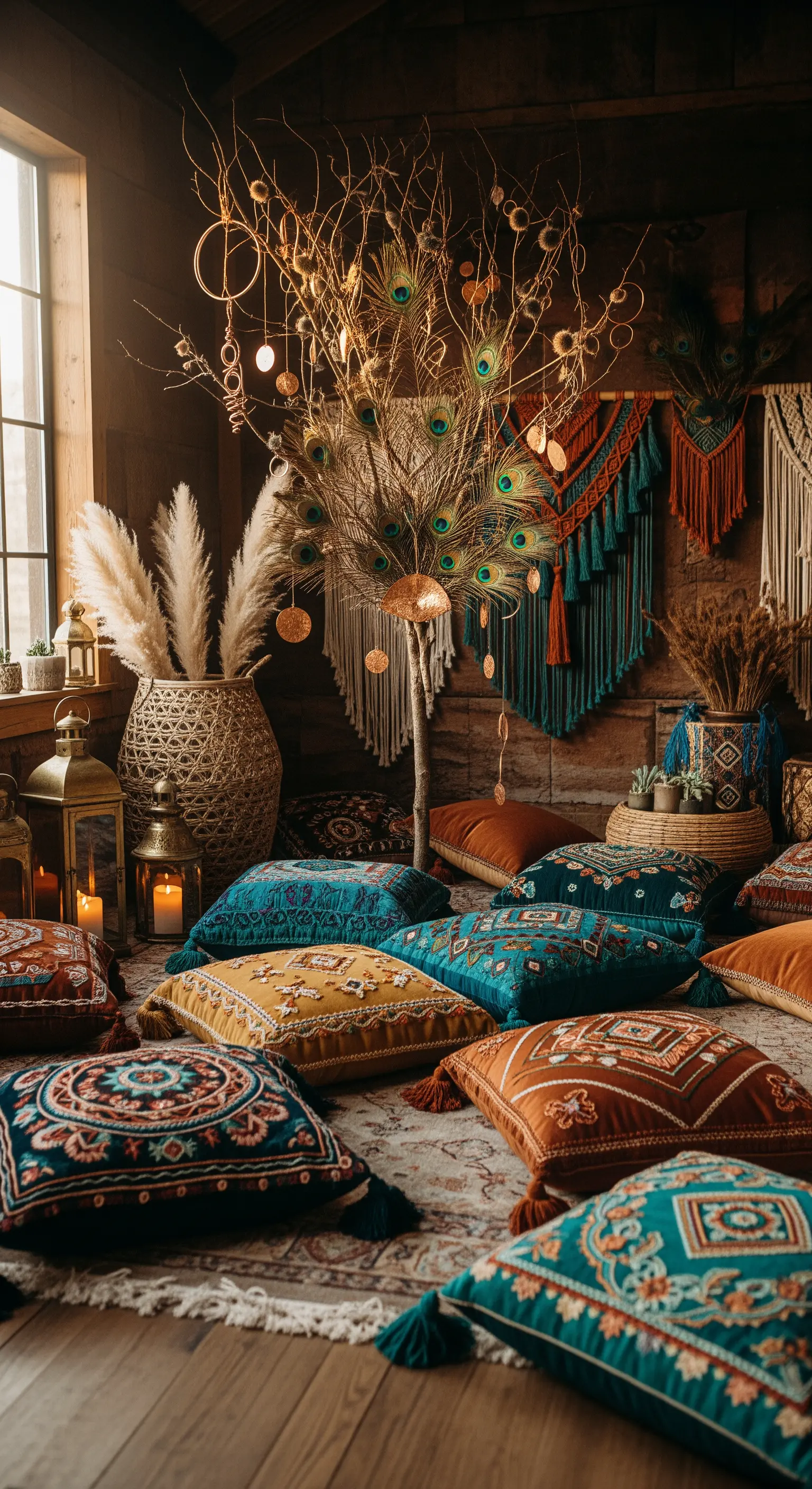 Boho-Trockenbaum mit Pfauenfedern, goldenen Ornamenten, bunten Bodenkissen und Laternen.