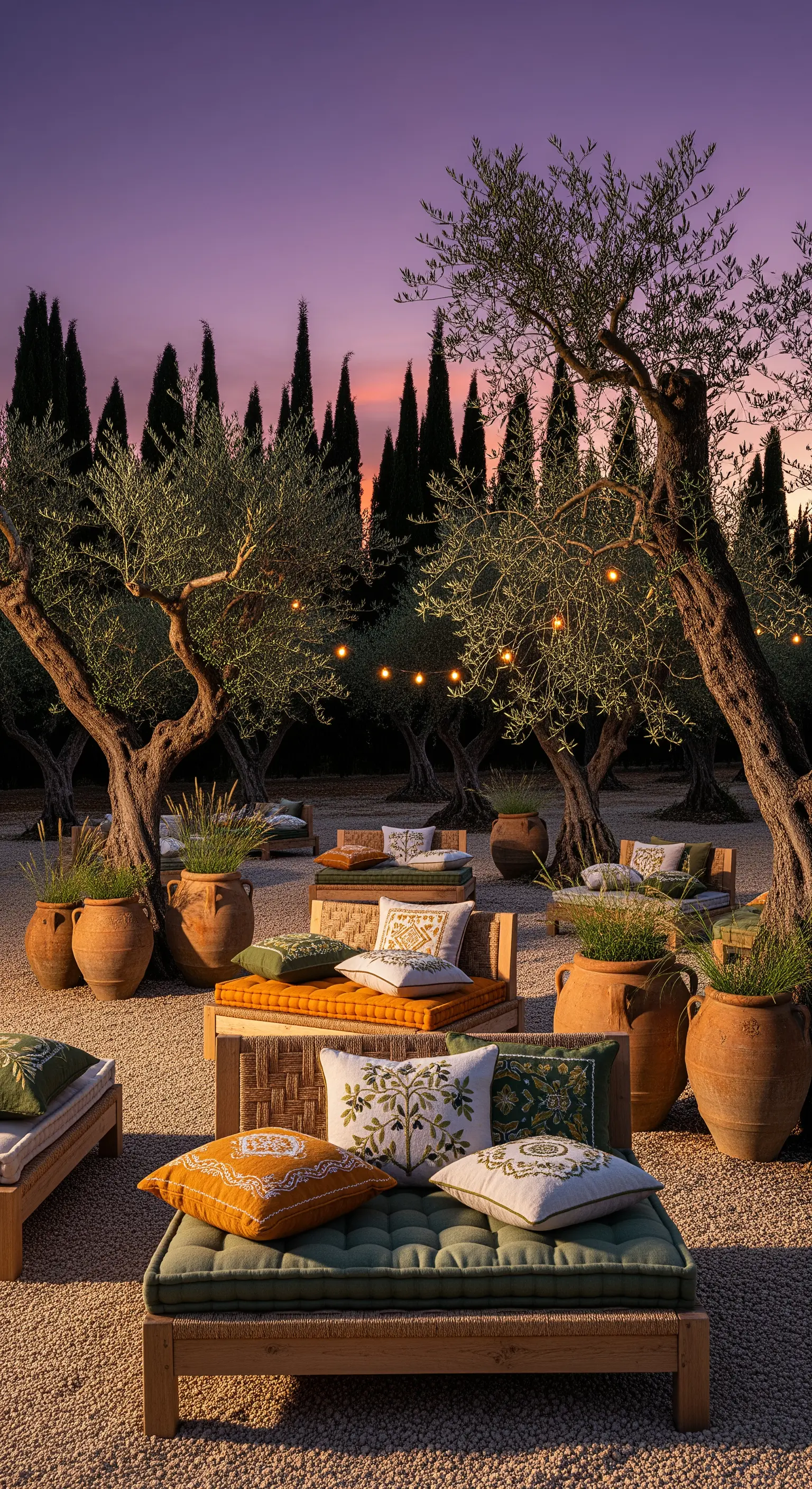 Outdoor-Lounge mit Bodenkissen, Olivenbäumen und Lichterketten in Sonnenuntergangsstimmung