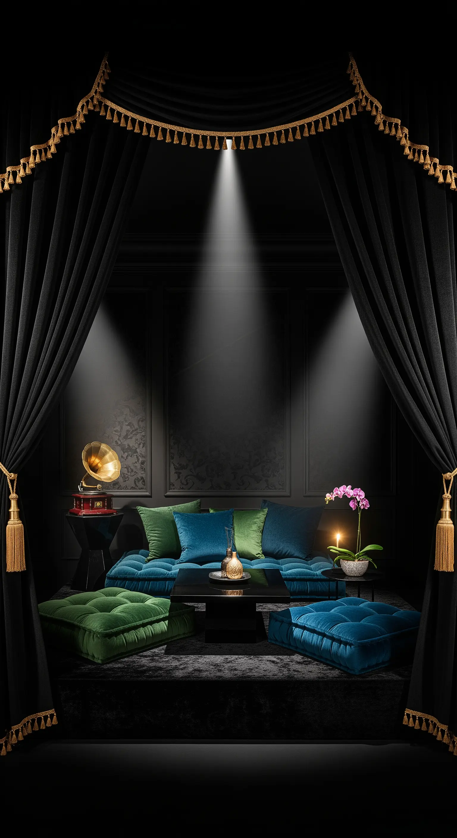 Boho-Lounge mit schwarzen Samtvorhängen, Troddeln, blauen Sitzkissen und Gramophon