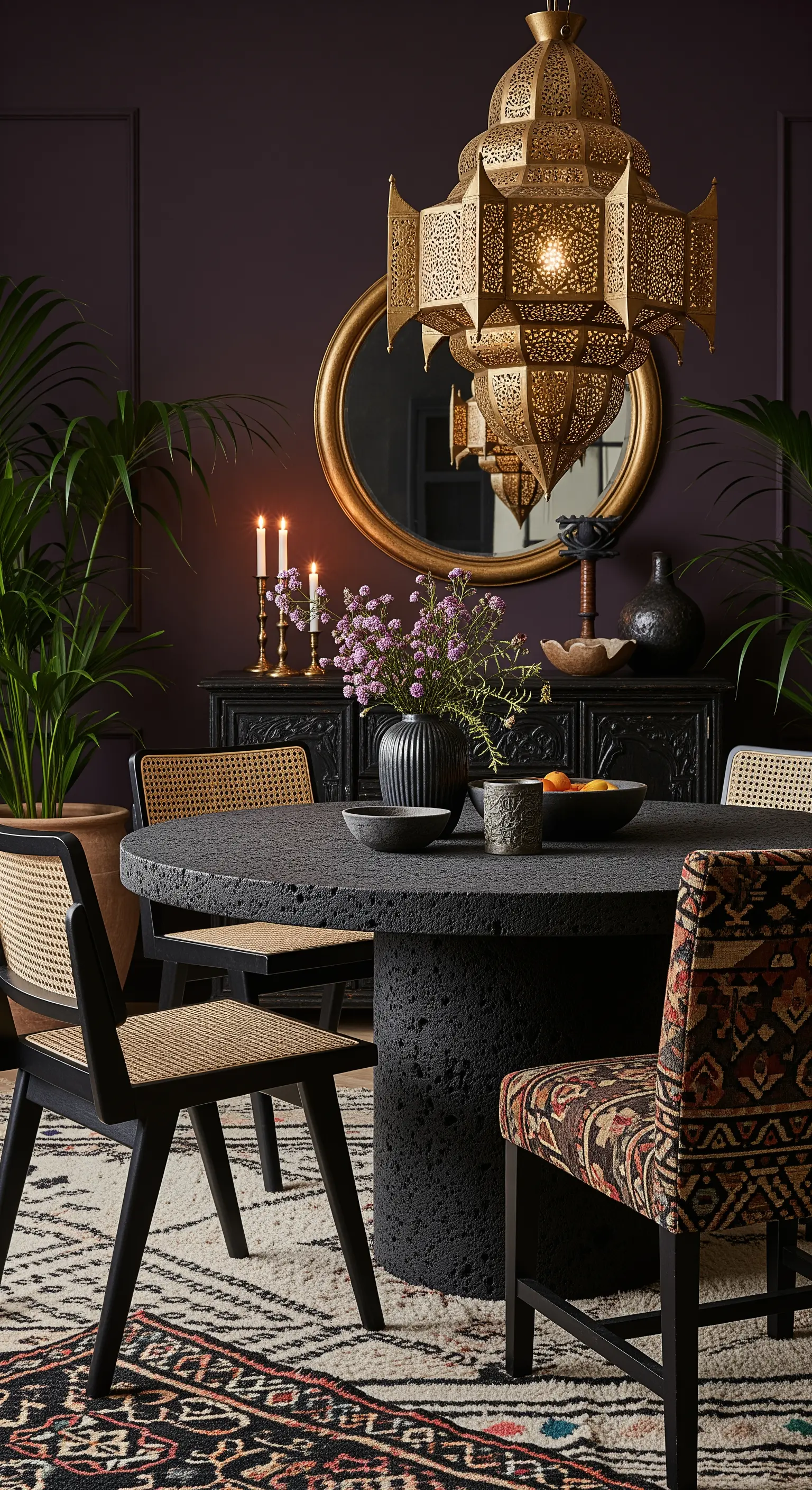 Runder Lavastein-Tisch mit marokkanischer Messinglaterne vor violetter Wand.