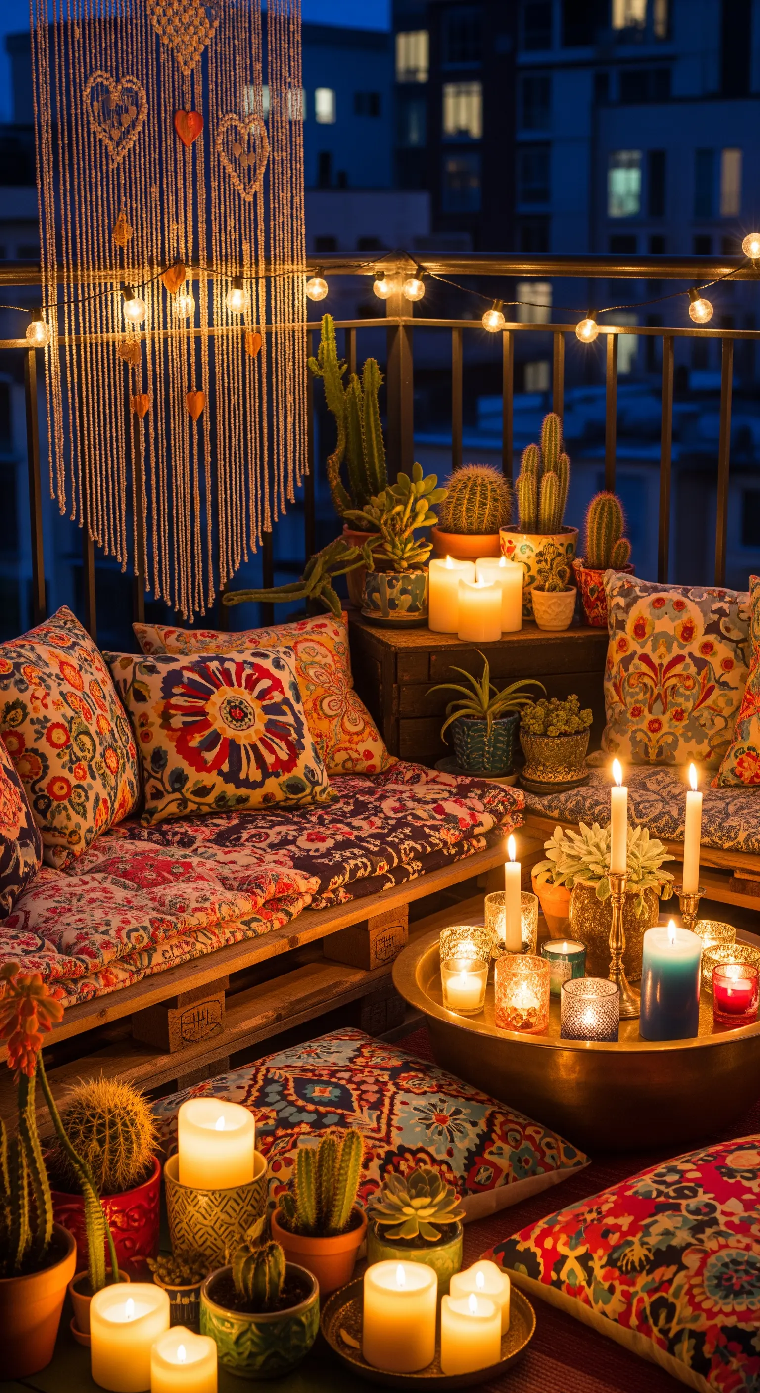Boho-Balkon mit Makramee, Kakteen, bunten Kissen und vielen Kerzen auf Messingtisch.