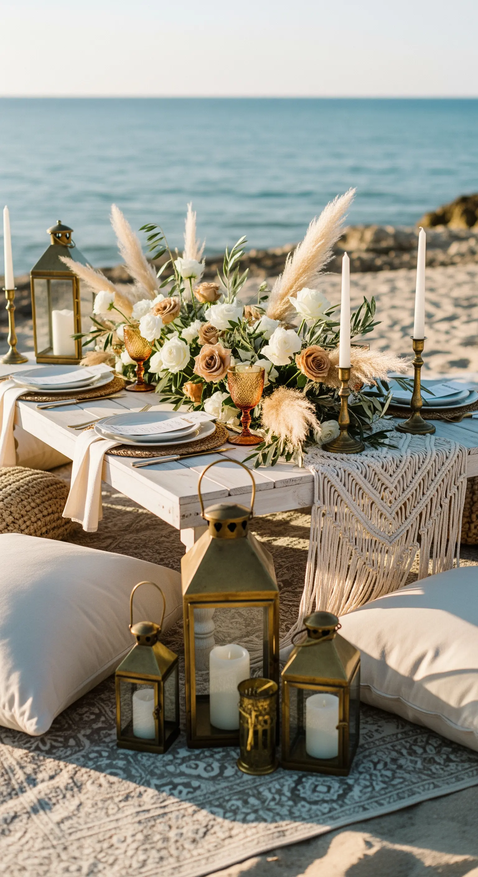 Niedriger Picknicktisch am Strand mit Rosen, Pampasgras und goldenen Laternen