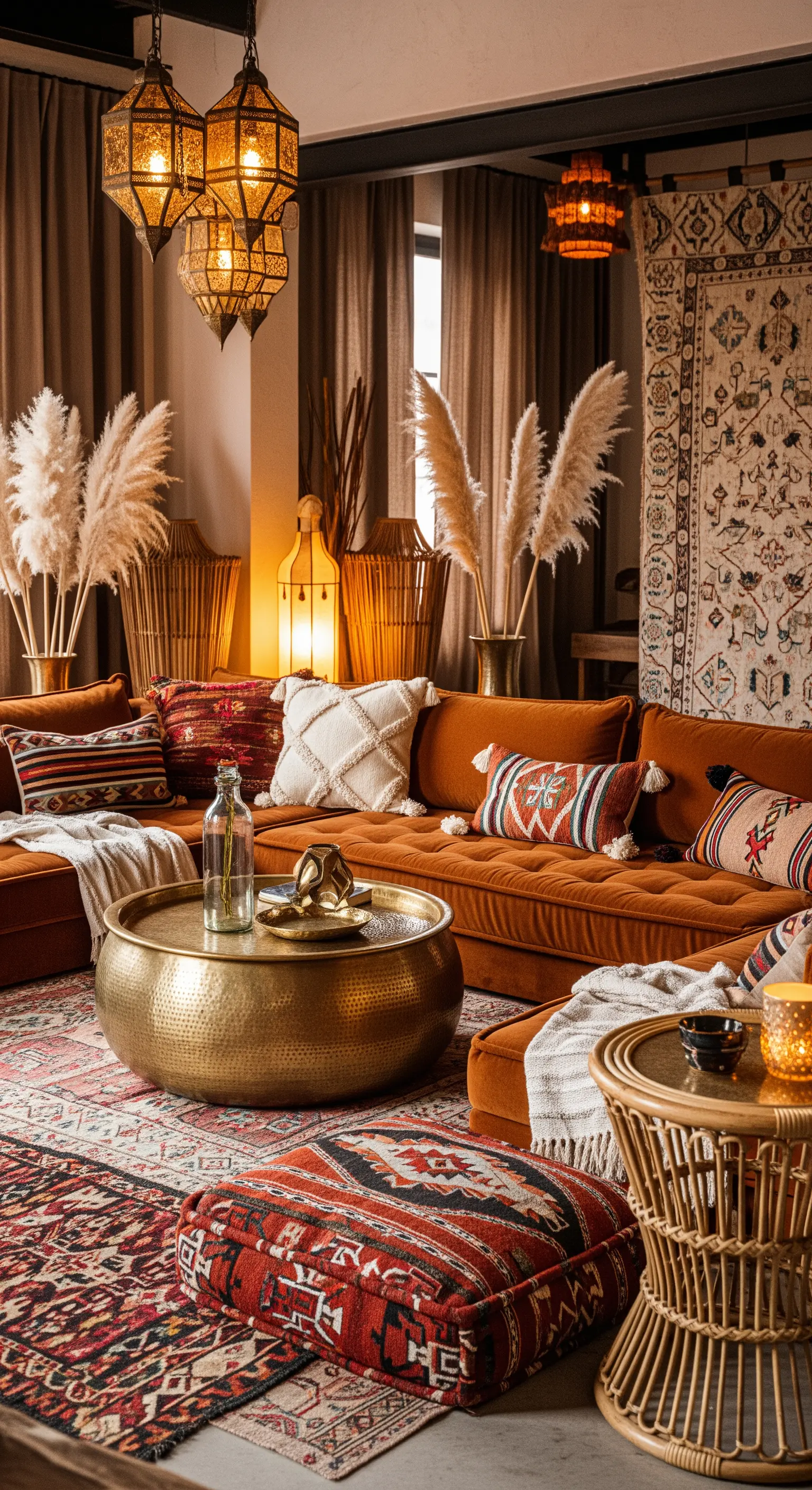 Rostfarbenes, tiefes Sofa mit vielen bunten Kissen in einem gemütlichen Wohnzimmer im Boho-Stil.