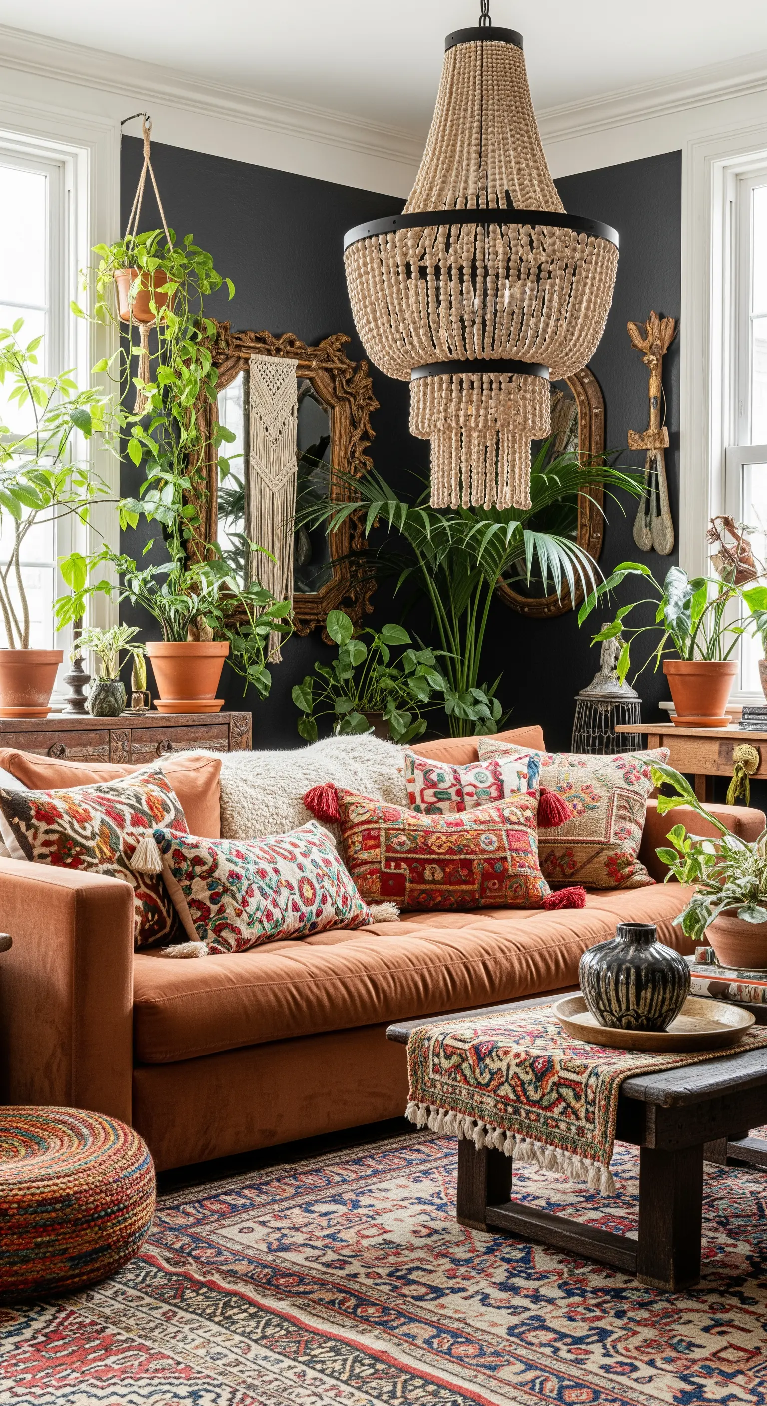 Terrakottafarbenes Sofa in einem Boho-Wohnzimmer mit vielen Pflanzen und einem Perlenleuchter.