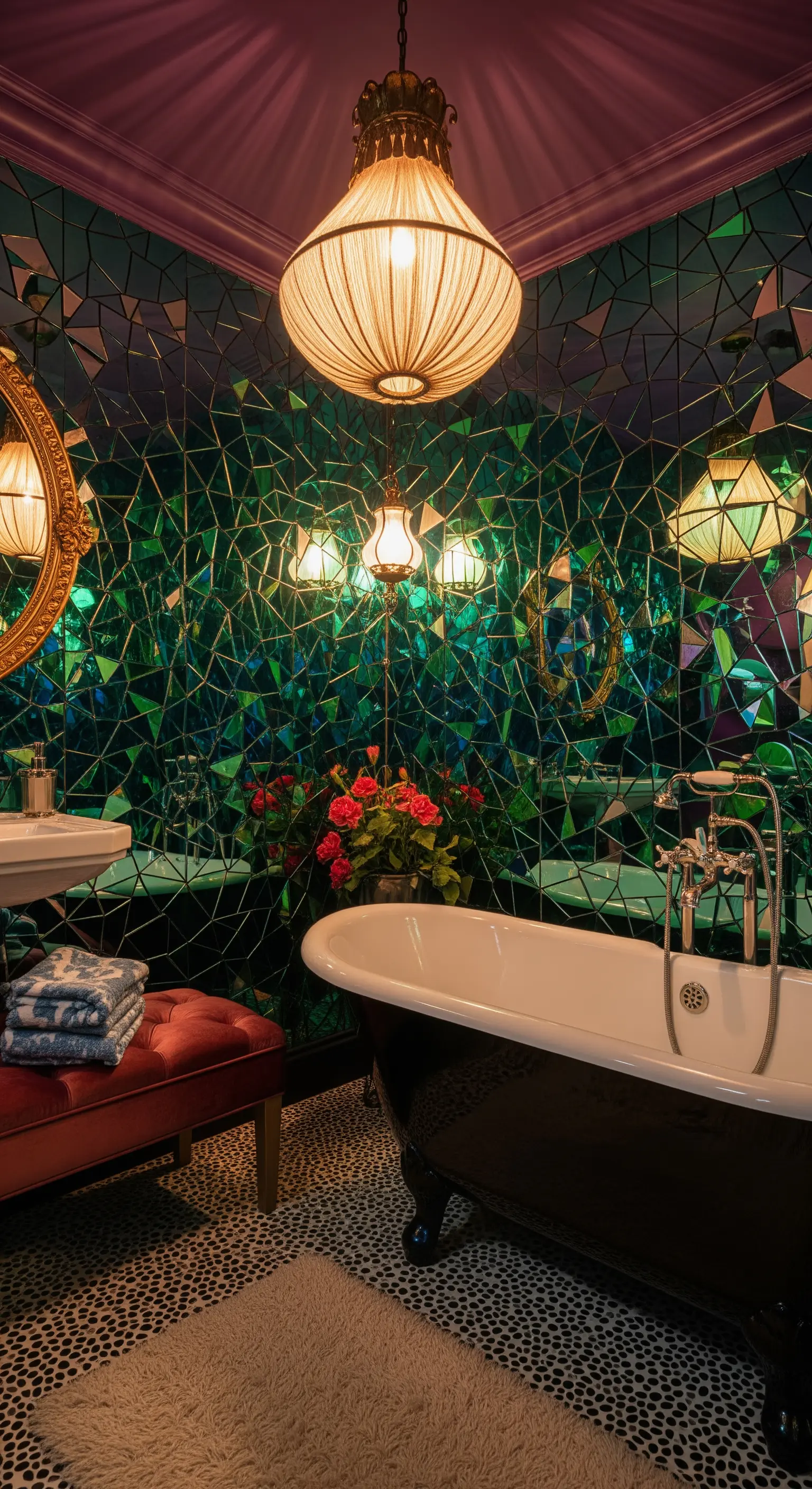 Opulentes Badezimmer mit einer Wand aus grünen Spiegelmosaik-Scherben und Vintage-Möbeln.