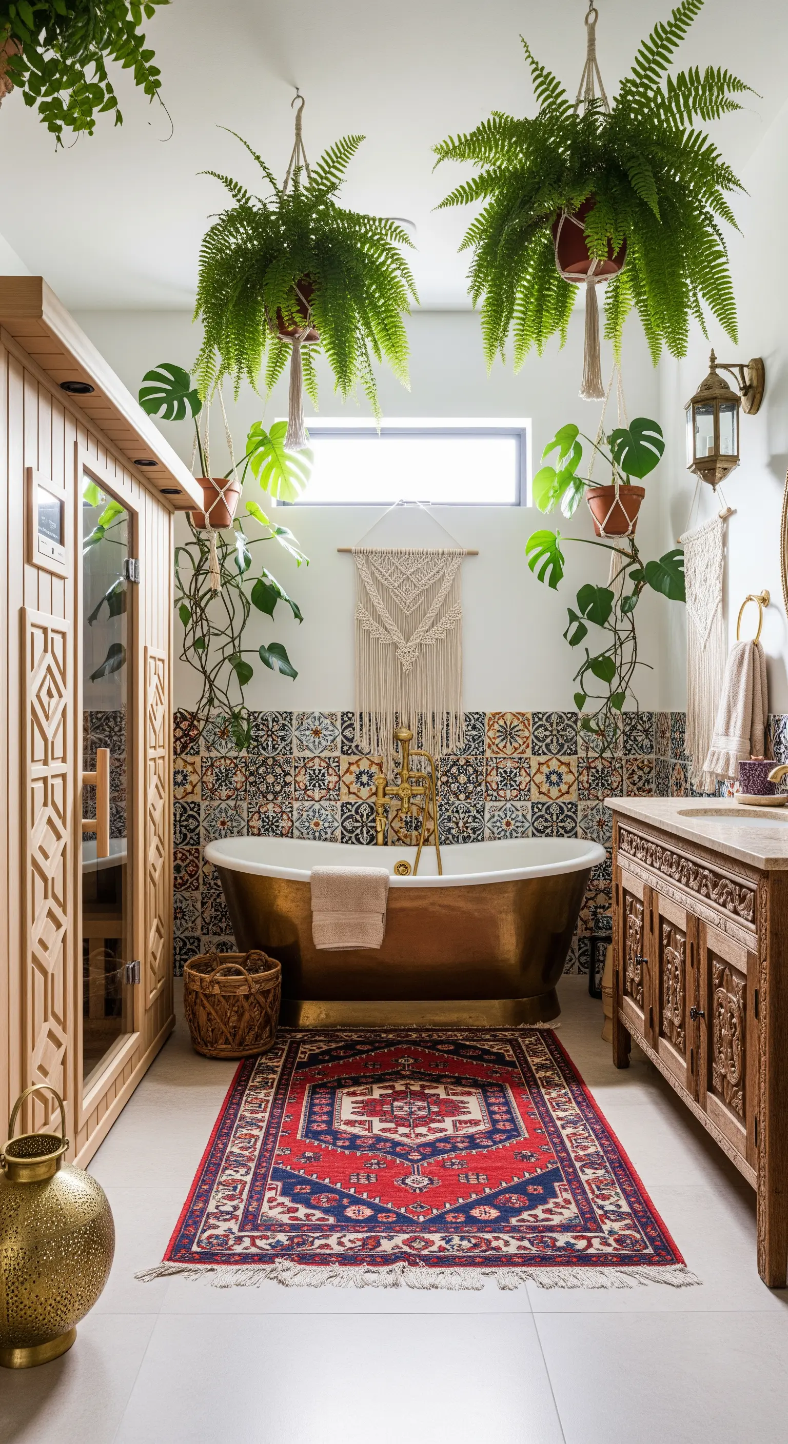 Boho-Badezimmer mit bunten Fliesen, Pflanzen und einer Holzsauna.