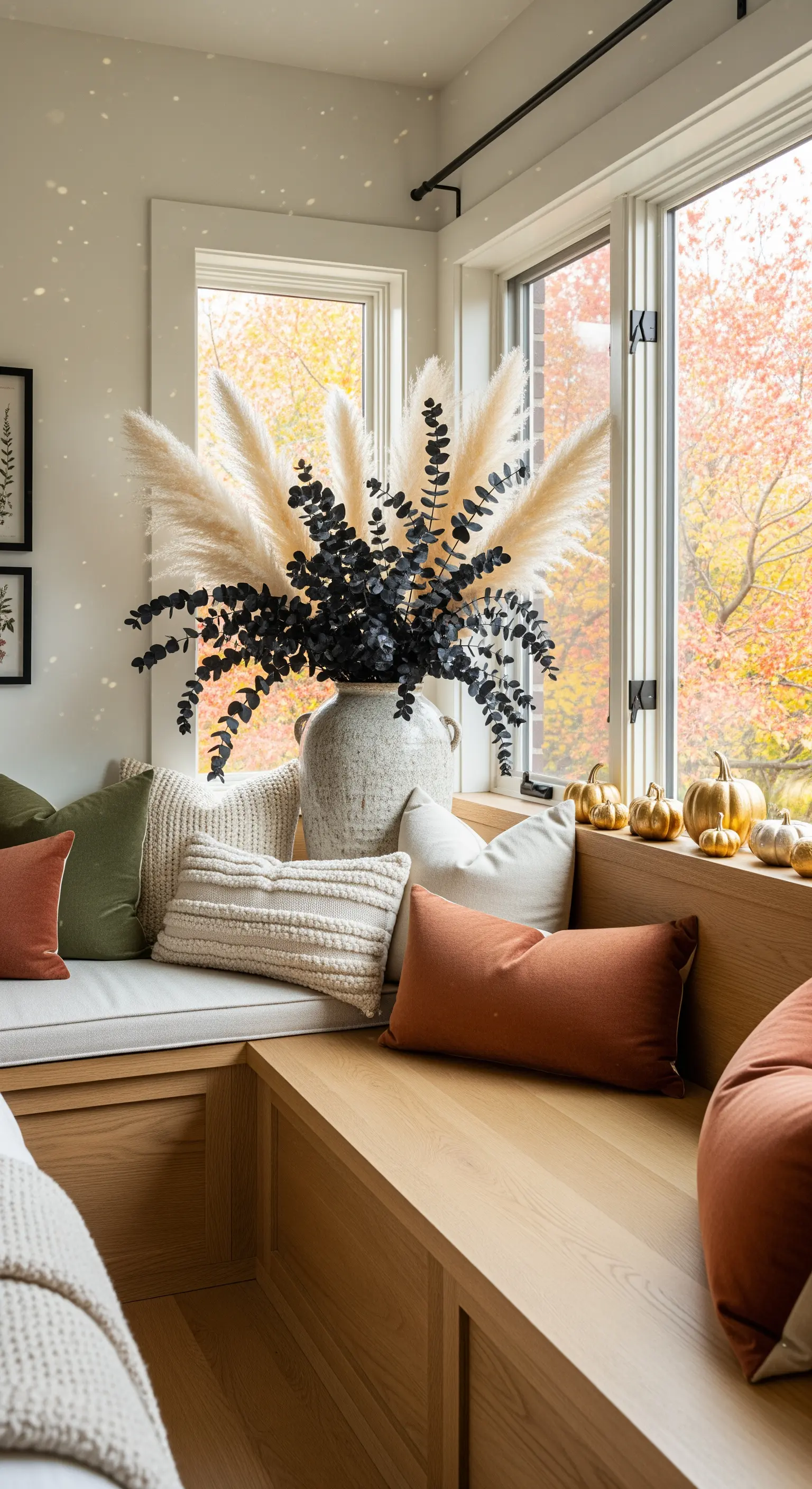 Herbstliche Fensternische mit Pampasgras, Eukalyptus und goldenen Kürbissen