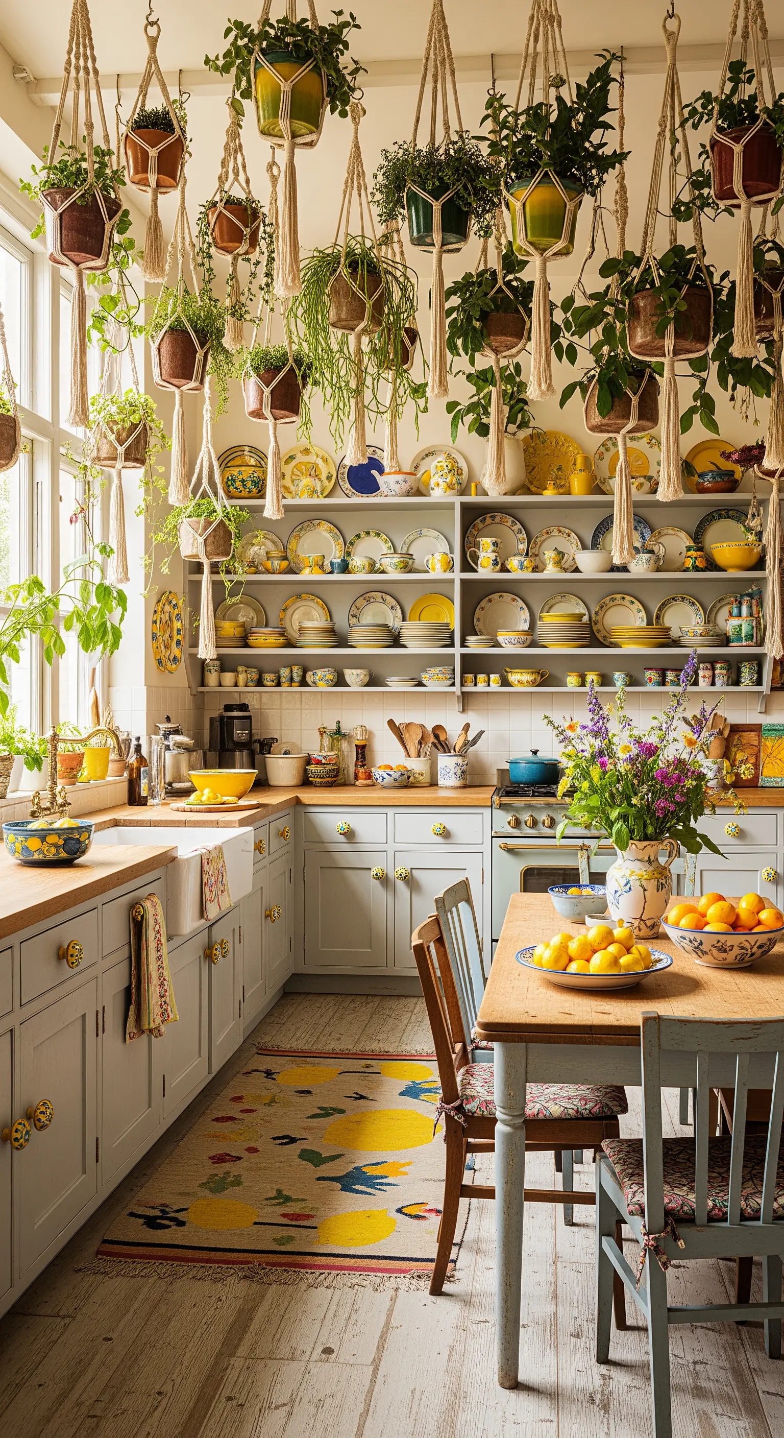 Boho-Küche mit hängenden Pflanzen und Zitronen-Deko