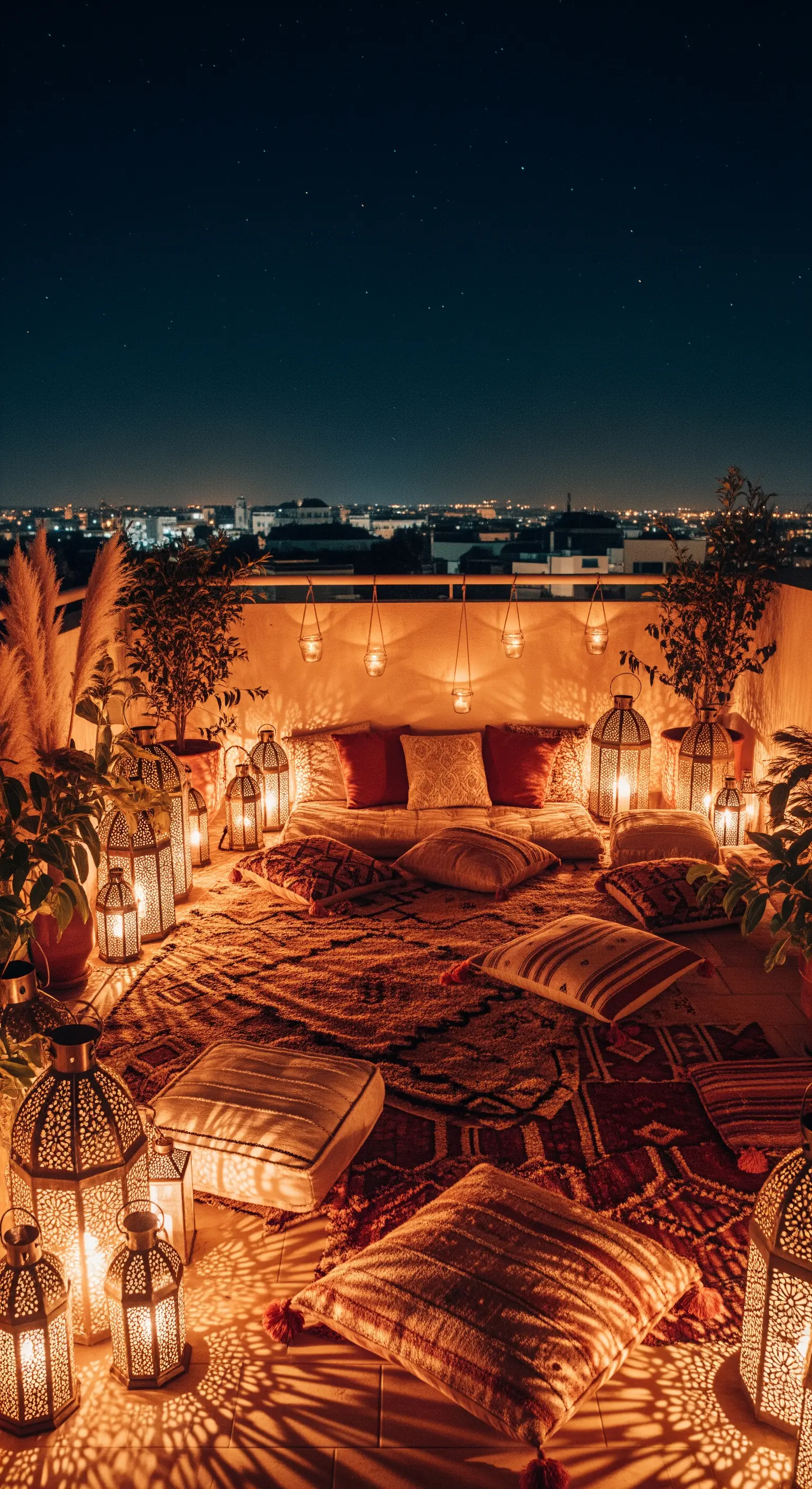 Dachterrasse mit Kissen, Teppichen, Laternen und Pflanzen unter Sternen