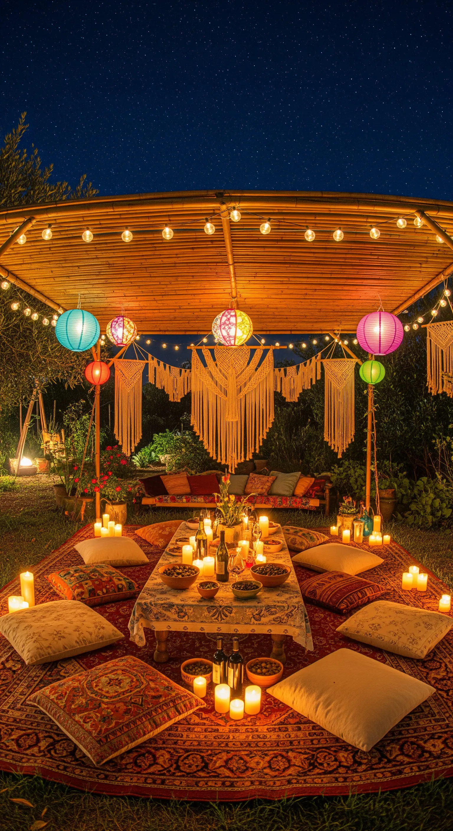 Bambus-Pergola, Lichterketten, Makramee, Teppiche, Bodenkissen, Kerzen