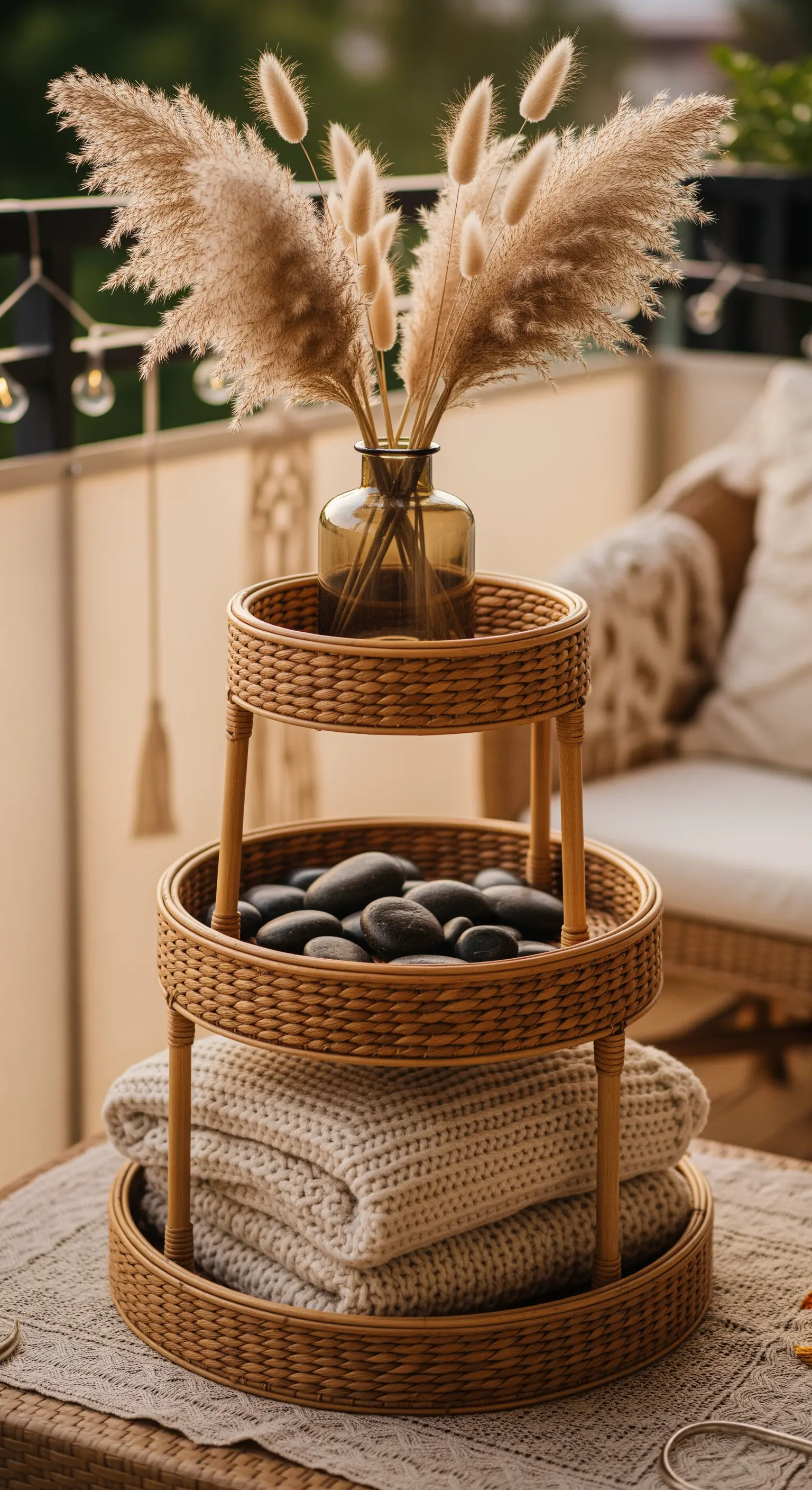 Dreistöckige Rattan-Etagere auf einem Balkon mit Pampasgras, schwarzen Steinen und einer Decke.
