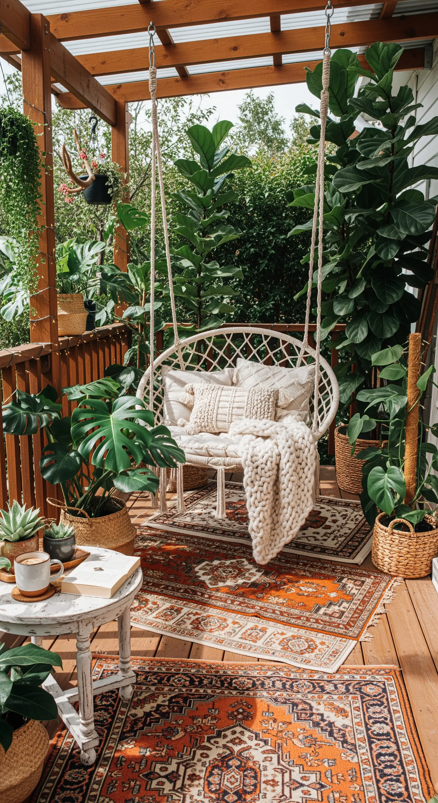 Boho-Balkon mit Hängesessel, Teppichen, Topfpflanzen