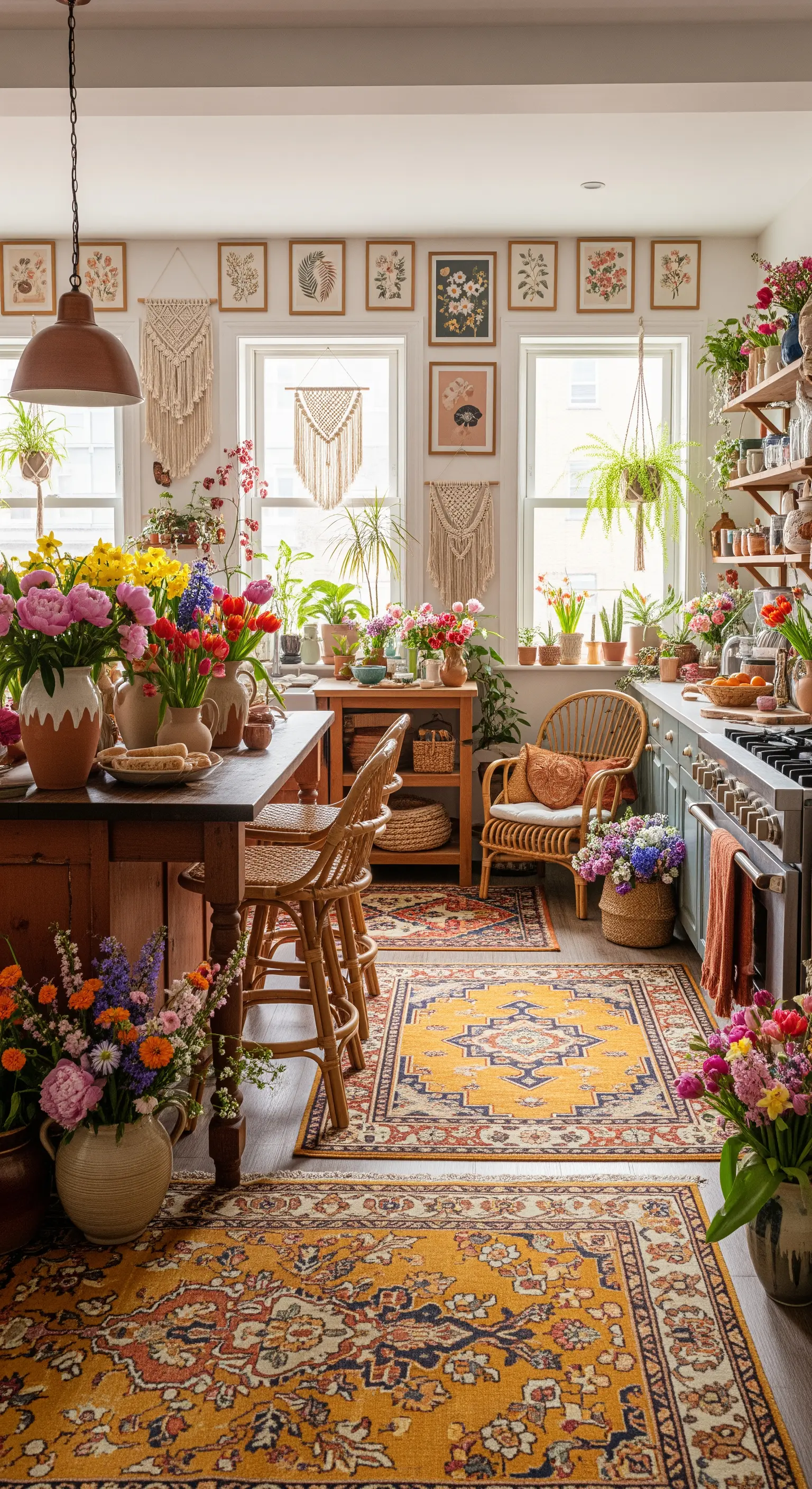Boho-Küche mit bunten Teppichen, Makramee, Pflanzen und Blumen