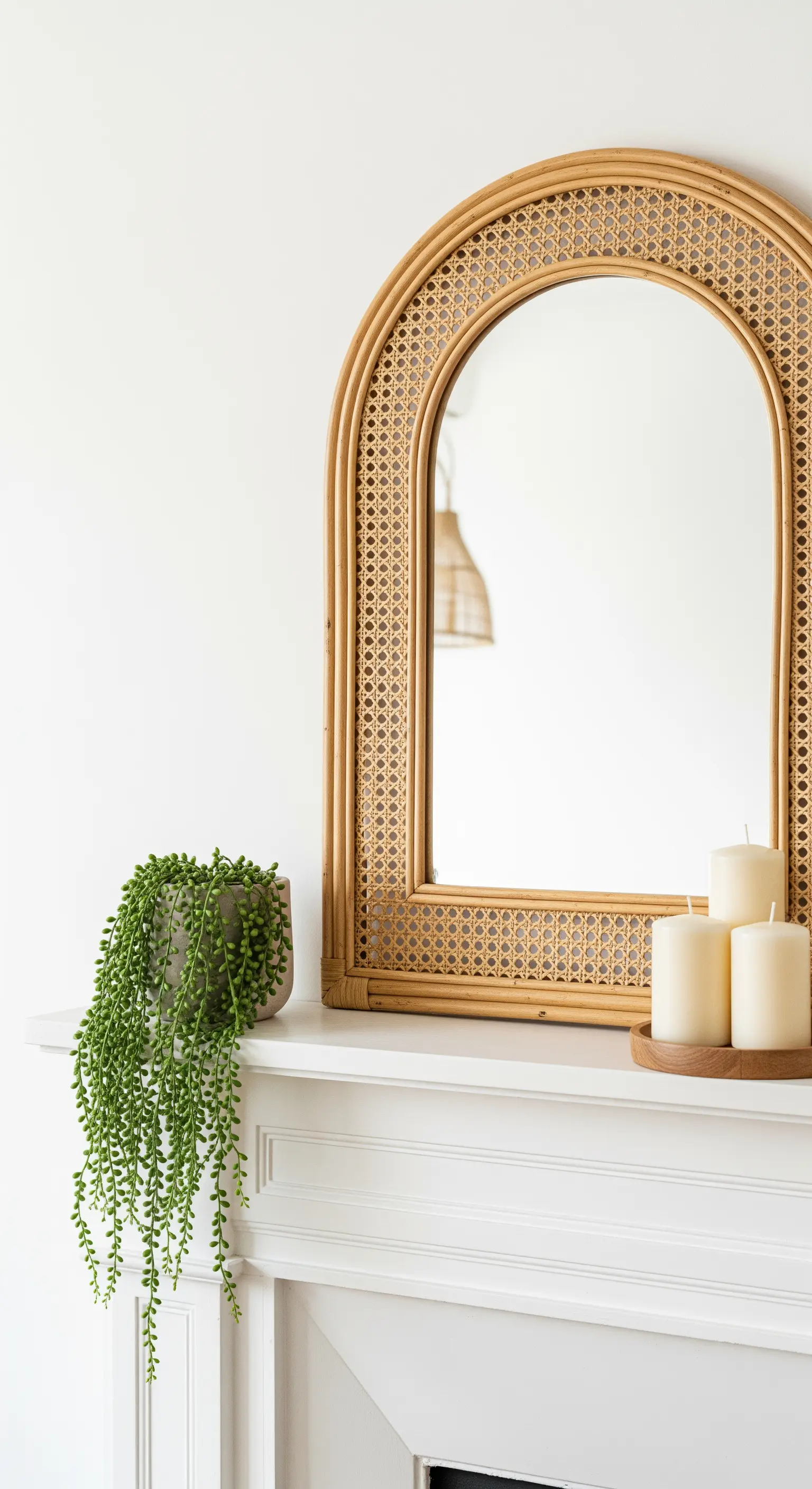 Kaminumrandung mit Rattan-Spiegel, Kerzen und einer hängenden Sukkulente.