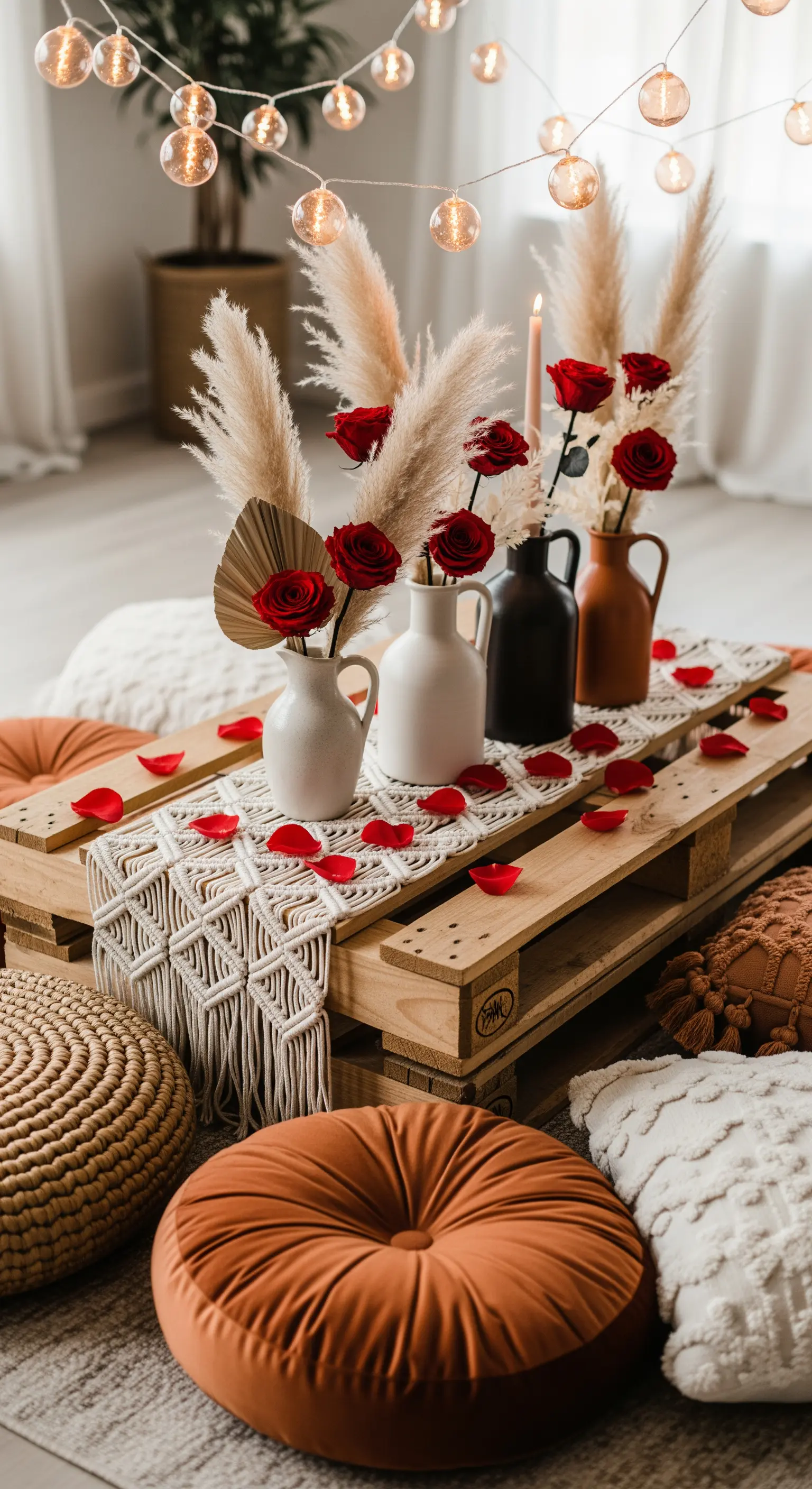 Boho-Tisch aus Paletten mit roten Rosen, Pampasgras, Makramee und Bodensitzkissen