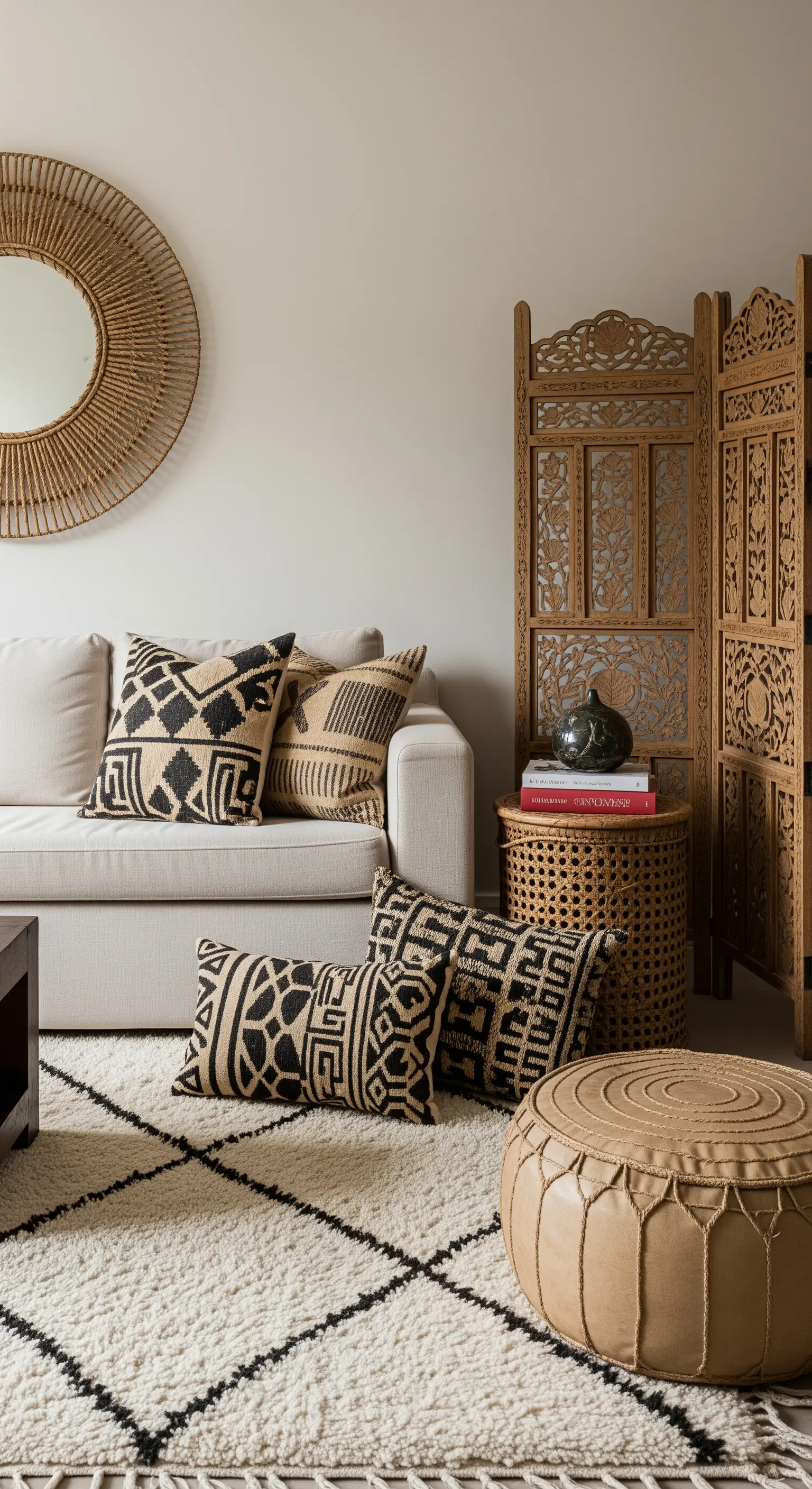 Boho-Wohnzimmer mit gemusterten Kissen, Paravent und Rattan-Hocker.