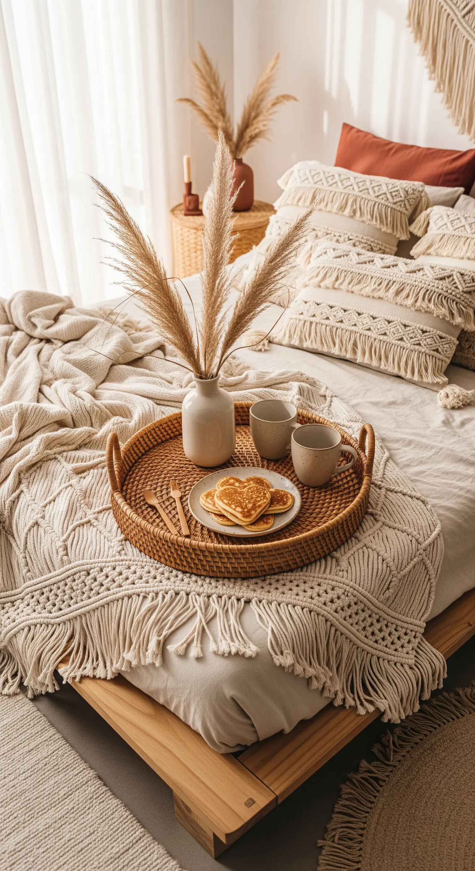Boho Frühstück im Bett mit Rattantablett, Pampasgras und Makramee-Decke in Naturtönen