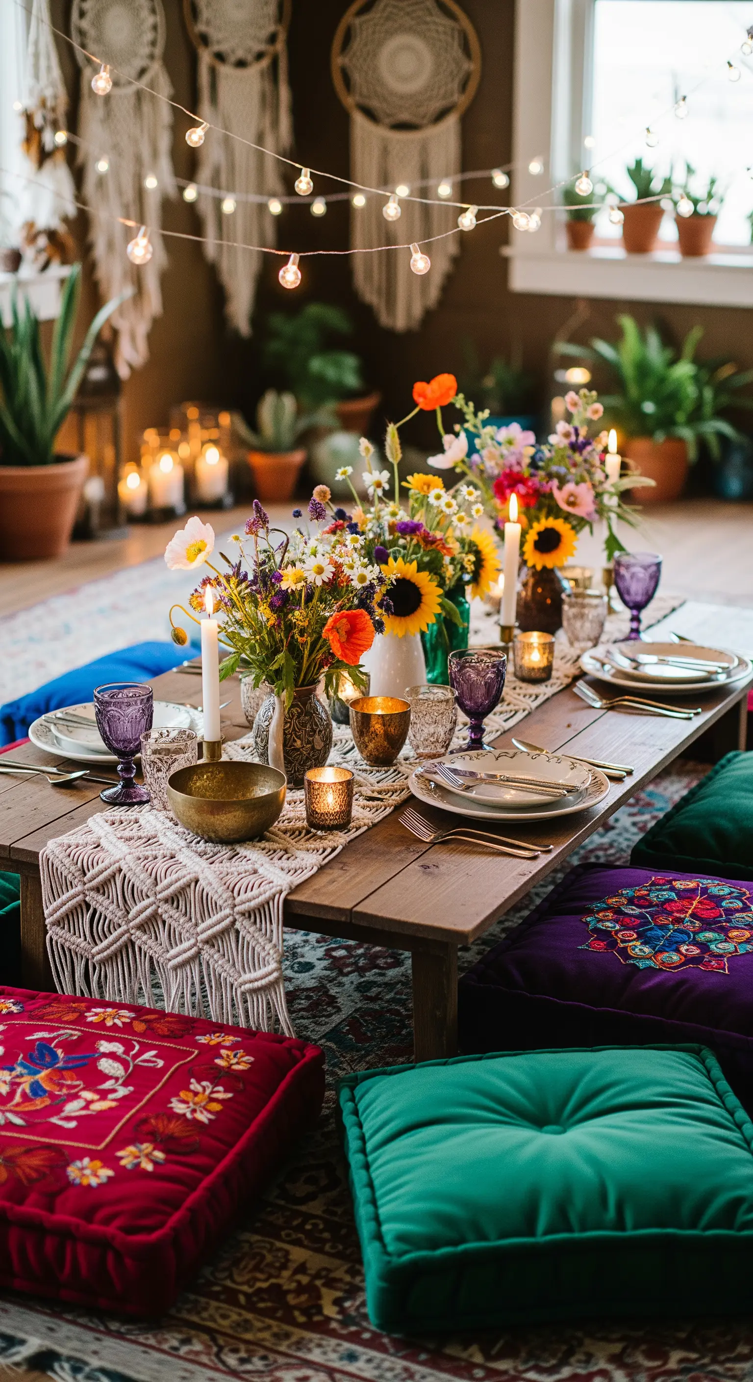 Boho-Tisch mit Bodenkissen, Wildblumen, Makramee-Läufer und Lichterketten