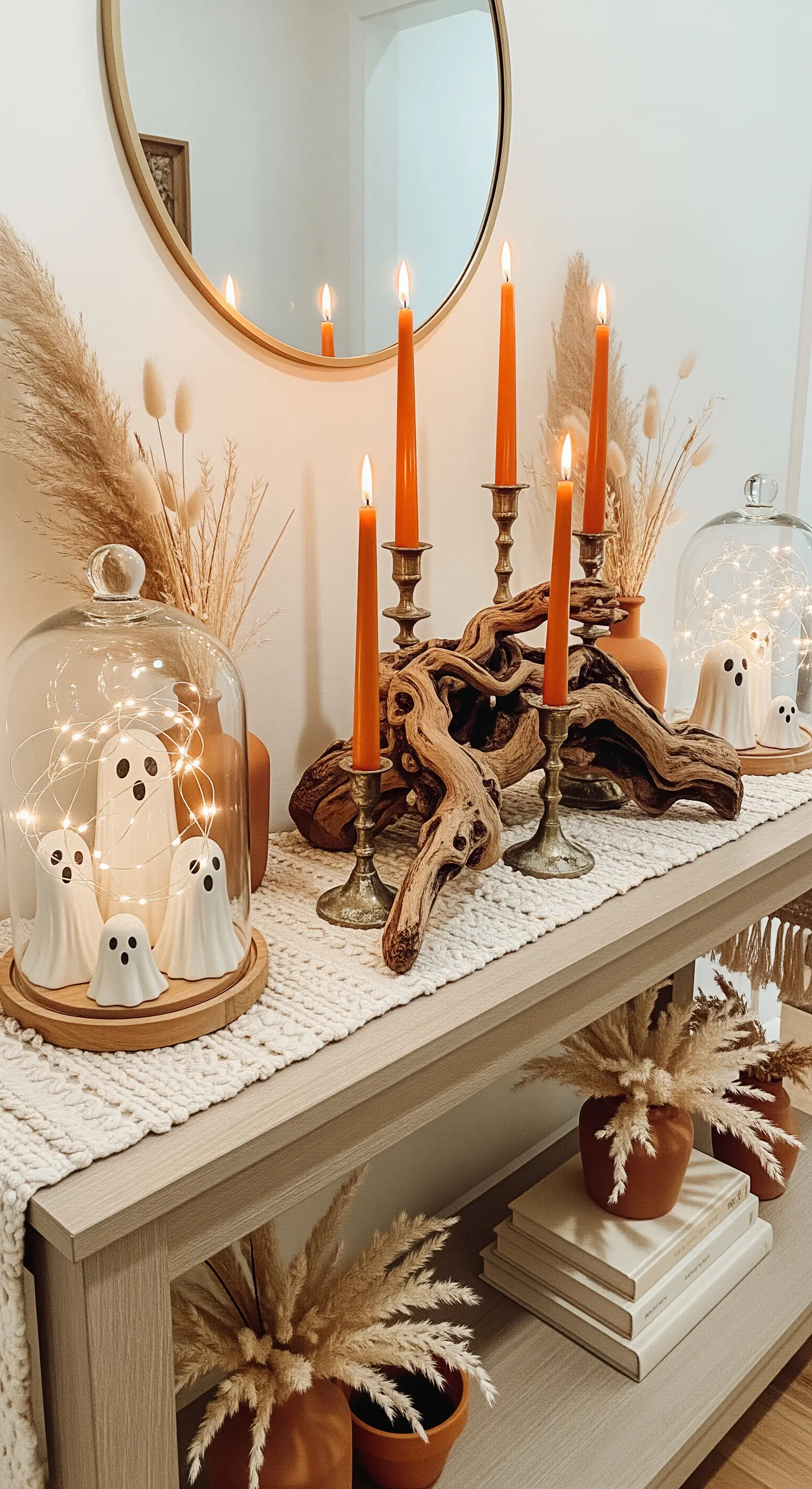 Boho-Halloween Konsole mit Pampasgras, Geisterfiguren und orangefarbenen Kerzen